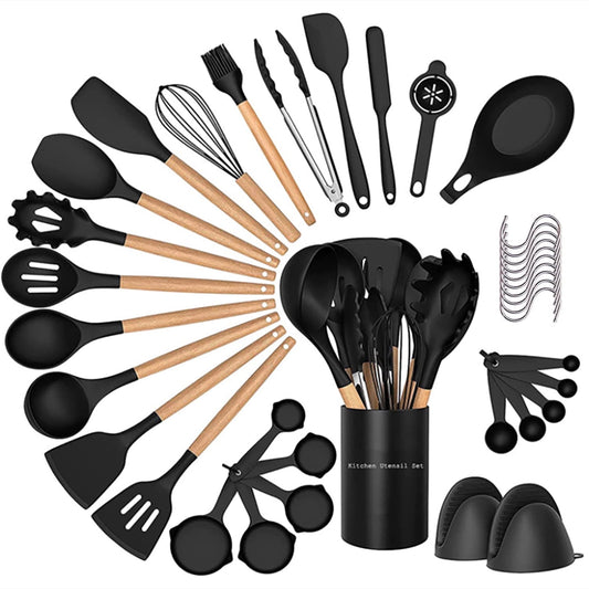 38 Pcs Silicone Cooking Utensils Kitchen Utensil Set - 446°F Heat Resistant,Turner Tongs,Spatula,Spoon,Brush,Whisk. Wooden Handles Kitchen Gadgets Tools Set for Non-Stick Cookware (BPA Free).