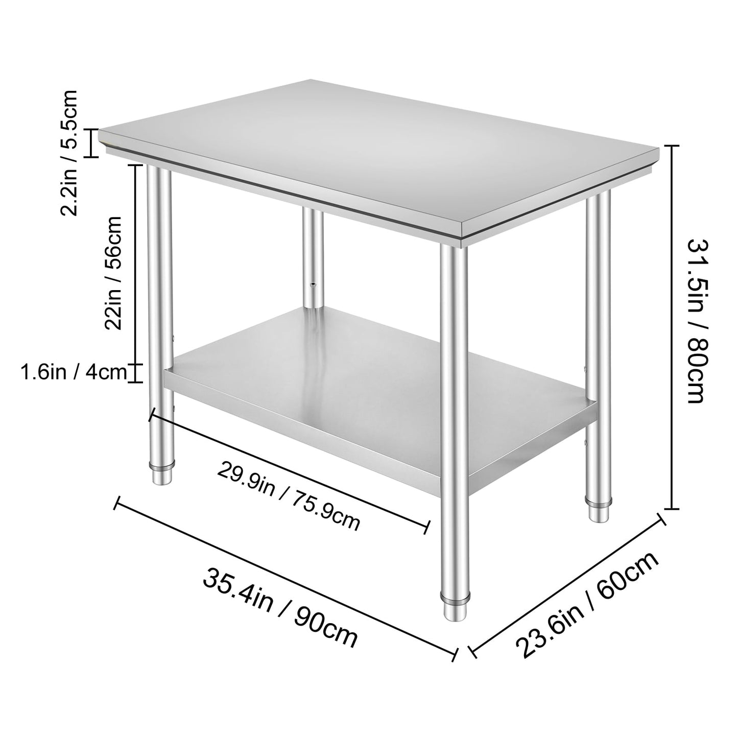 35 x 24 x 31 Inch Metal Prep Station, Heavy Duty Commercial Food Prep Work Table up to 700 lbs, Robust Stainless Steel Work Table with 3 Height Adjustment Options for Kitchen, Restaurant