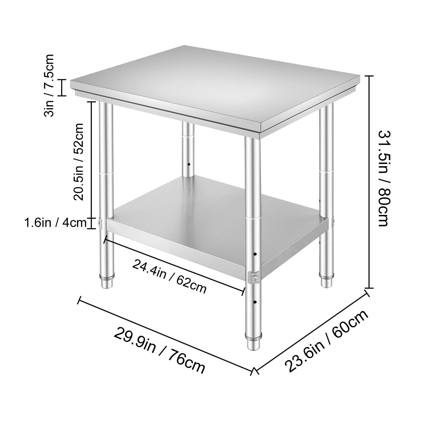 35 x 24 x 31 Inch Metal Prep Station, Heavy Duty Commercial Food Prep Work Table up to 700 lbs, Robust Stainless Steel Work Table with 3 Height Adjustment Options for Kitchen, Restaurant
