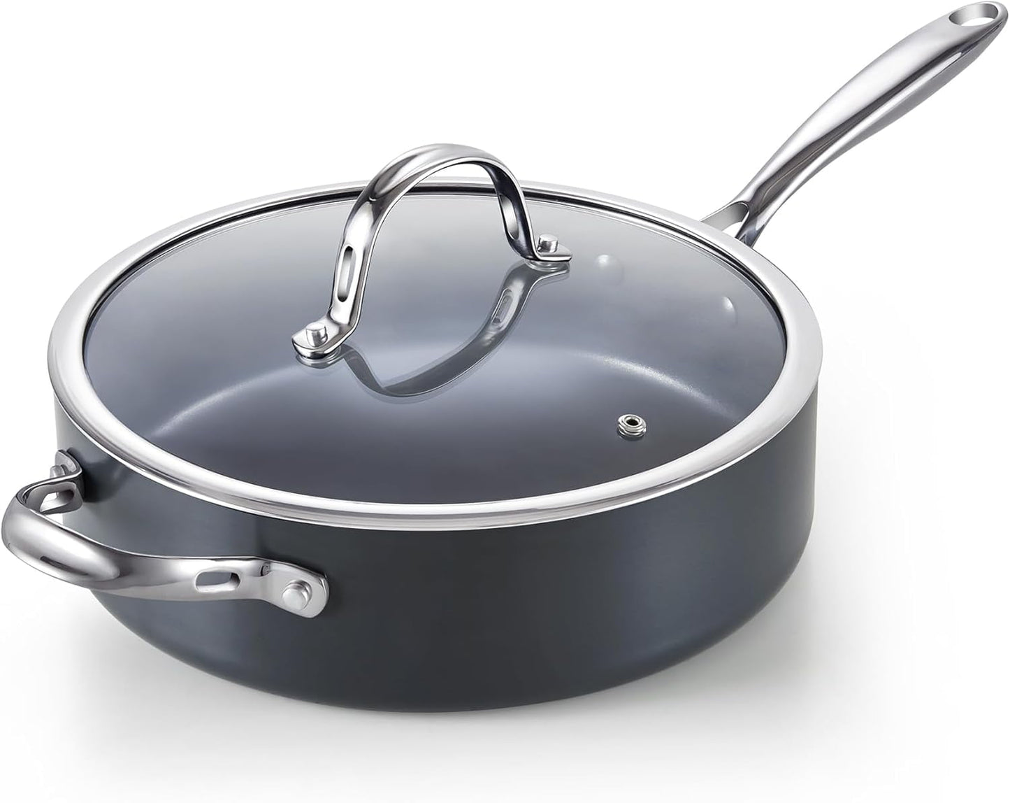4-QT Nonstick Deep Sauté Pan with Lid, 10.5-inch Deep Frying Pan Hard Anodized Ceramic Nonstick Induction Cookware, Oven Safe Large Skillet Jumbo Cooker Sartén, Helper Handle, Black