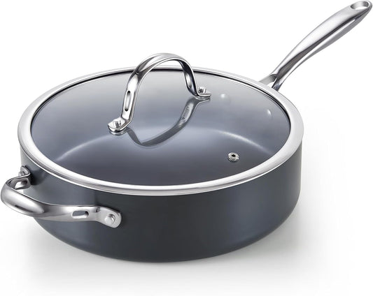 4-QT Nonstick Deep Sauté Pan with Lid, 10.5-inch Deep Frying Pan Hard Anodized Ceramic Nonstick Induction Cookware, Oven Safe Large Skillet Jumbo Cooker Sartén, Helper Handle, Black