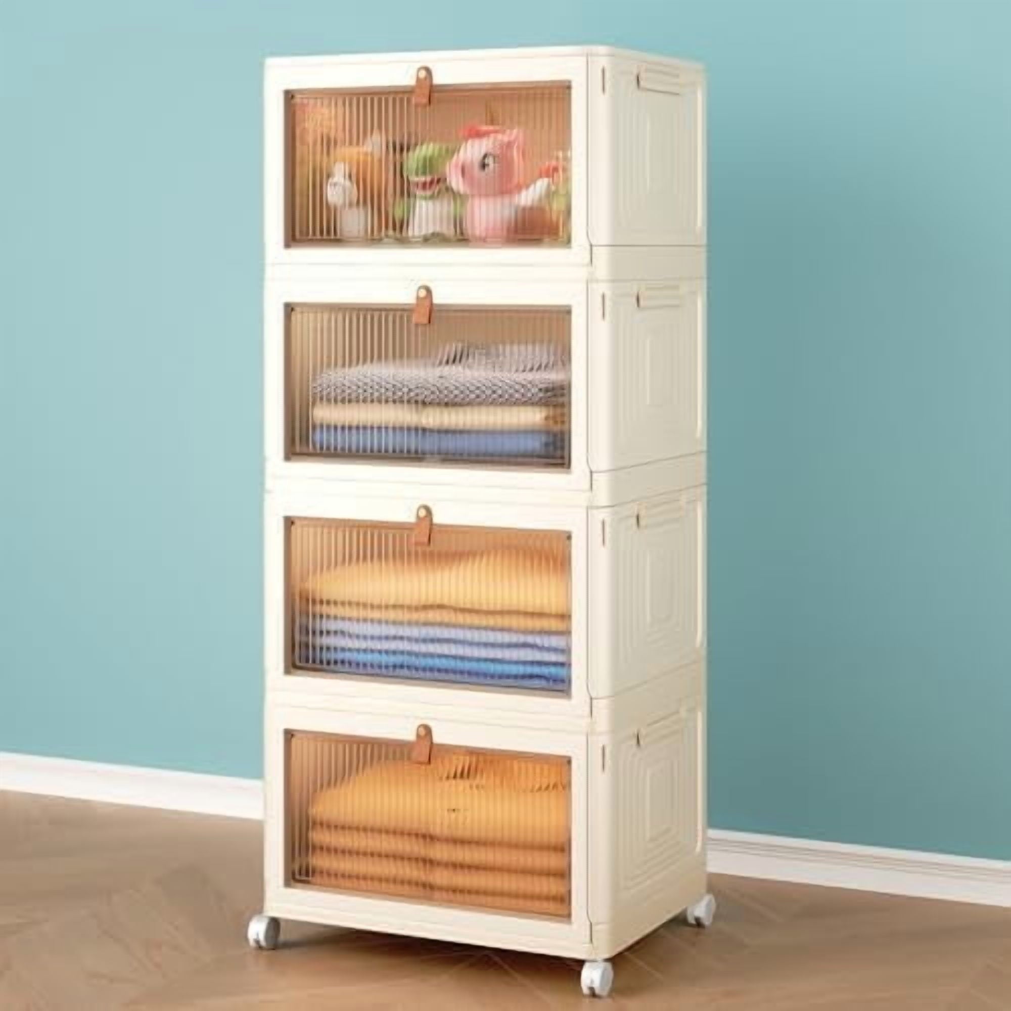 4 Tier Storage Bins with Lids, 23QT Stackable Closet Organizers and Storage with Wheels, Collapsible Storage Boxes, Plastic Storage Containers for Home,Office, Dorm Room-White