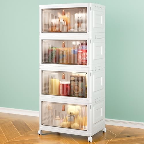 4 Tier Storage Bins with Lids, 23QT Stackable Closet Organizers and Storage with Wheels, Collapsible Storage Boxes, Plastic Storage Containers for Home,Office, Dorm Room-White