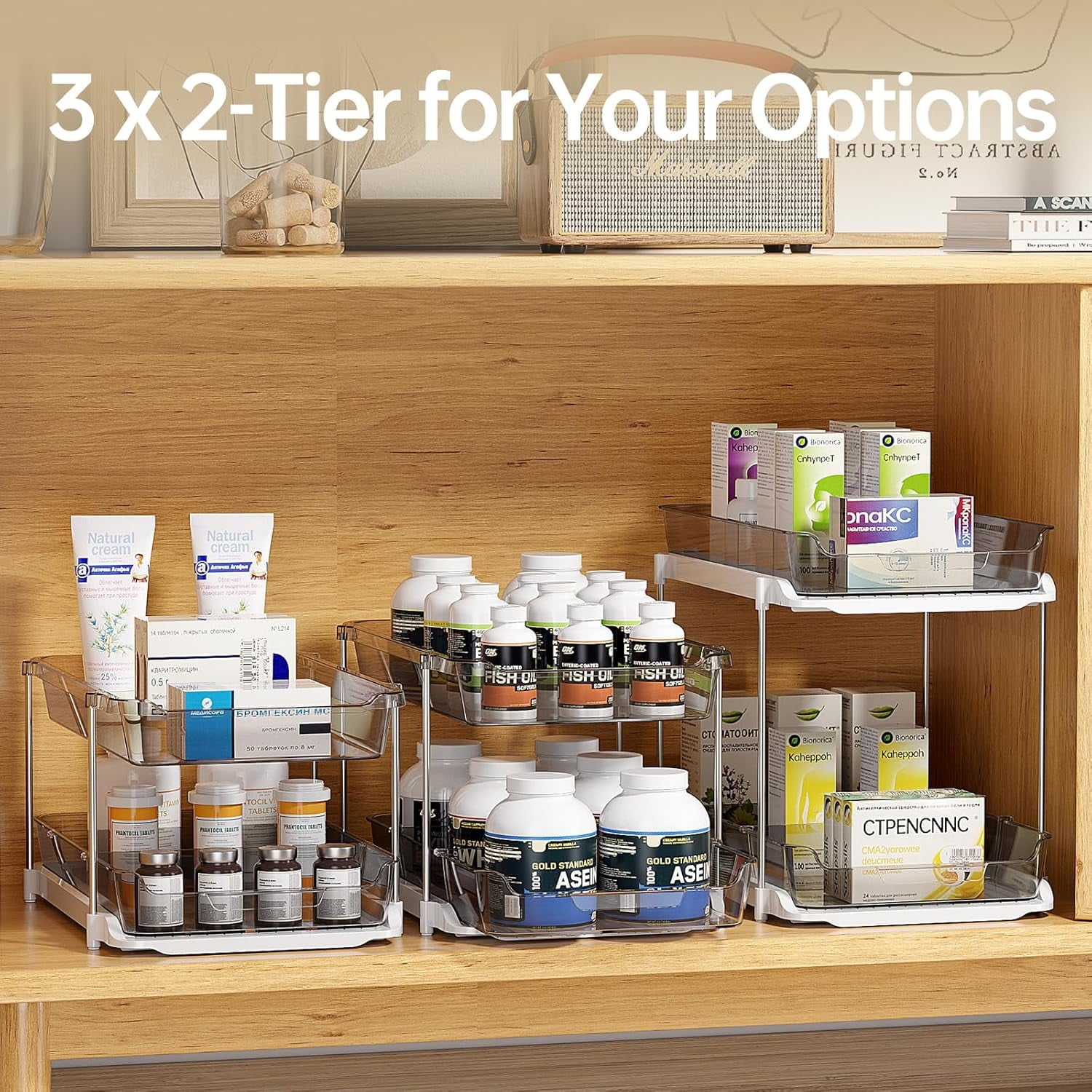 Delamu 2-Pack 3-Tier Pull-Out Under Sink Organizer, Stackable Sliding Storage Shelves for Bathroom Kitchen Pantry (White)