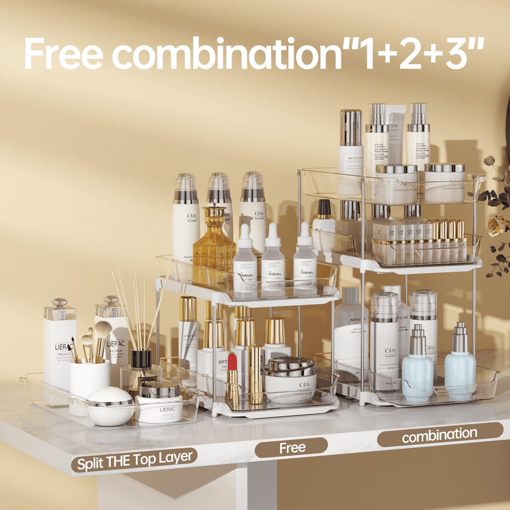 Delamu 2-Pack 3-Tier Pull-Out Under Sink Organizer, Stackable Sliding Storage Shelves for Bathroom Kitchen Pantry (White)