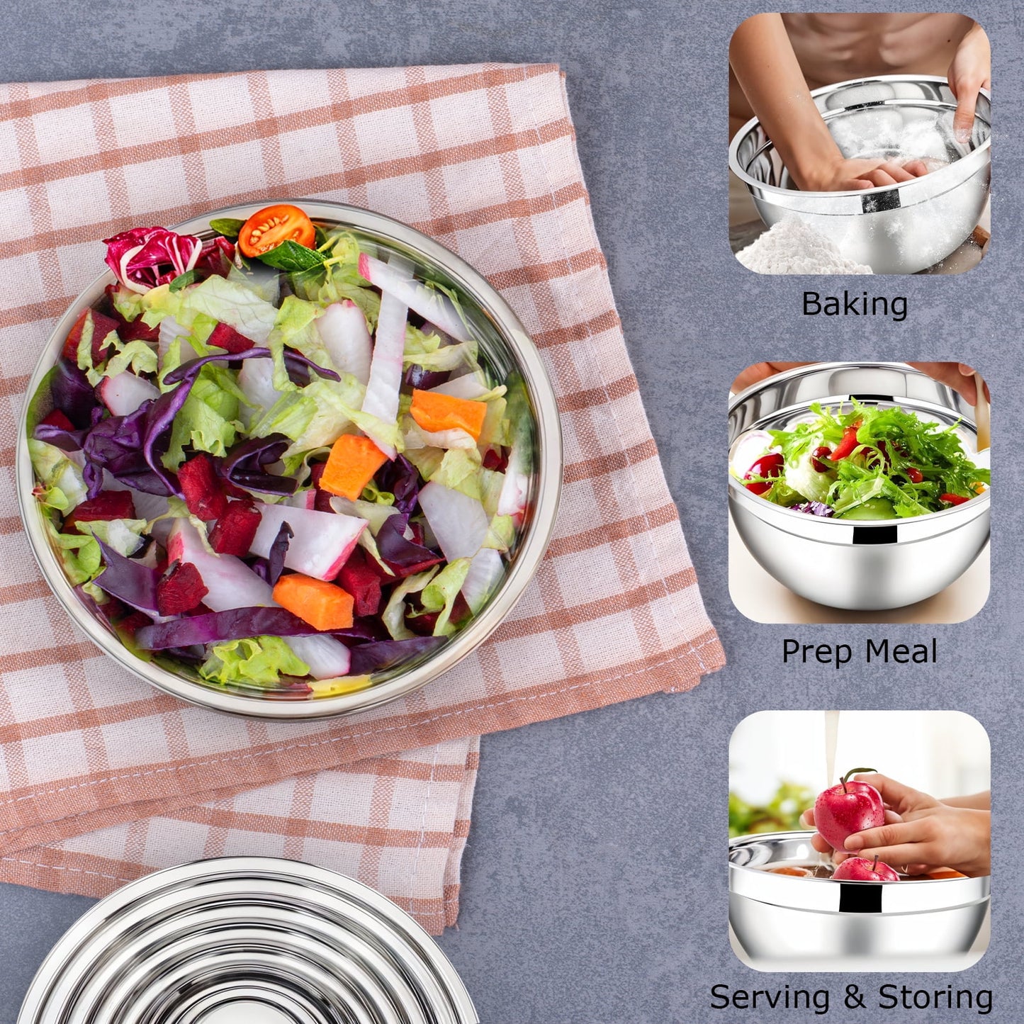 6 Pack Stainless Steel Mixing Bowls Set,Kitchen Metal Meal Prep Bowls with Lids for Baking,Cooking,Serving