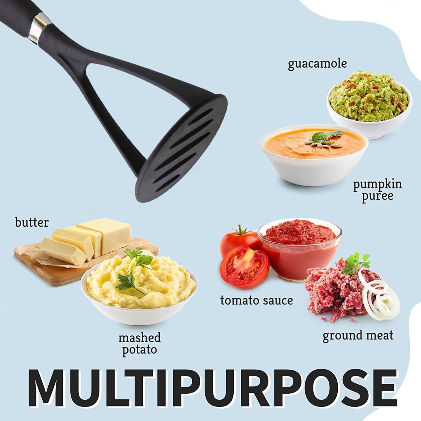 Silicone Potato Masher Kitchen Tool, Ergonomic Heat-Resistant Potato Smasher, Vegetable Masher, Fruit Masher, Manual Kitchen Helper for Non-Stick Cookware