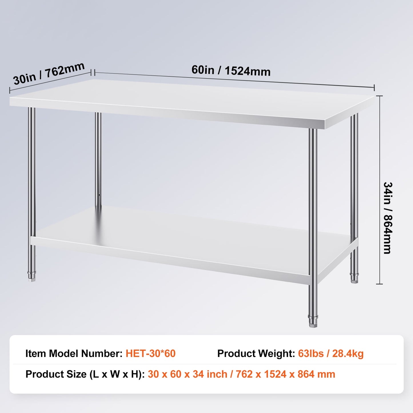 35 x 24 x 31 Inch Metal Prep Station, Heavy Duty Commercial Food Prep Work Table up to 700 lbs, Robust Stainless Steel Work Table with 3 Height Adjustment Options for Kitchen, Restaurant