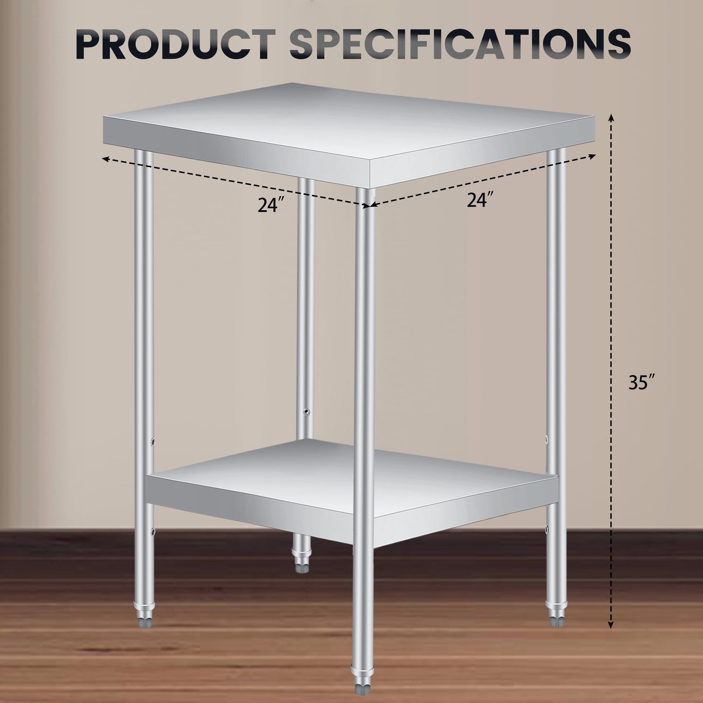 2 Tier Rolling Stainless Steel Table 24x24 Inch Small Prep Table with Adjustable Storage Shelf, 4 Wheels, Glooves &amp; Dishcloth, Rust Resistant &amp; Heavy Duty for Home