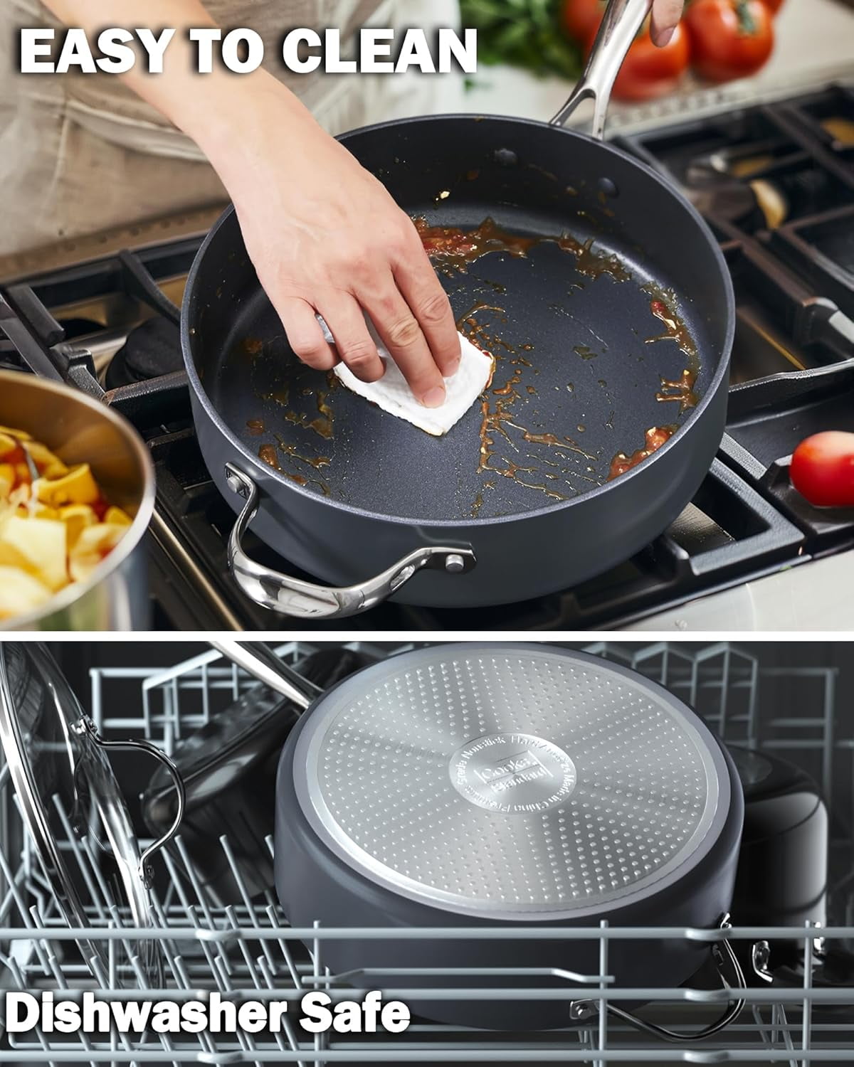 4-QT Nonstick Deep Sauté Pan with Lid, 10.5-inch Deep Frying Pan Hard Anodized Ceramic Nonstick Induction Cookware, Oven Safe Large Skillet Jumbo Cooker Sartén, Helper Handle, Black