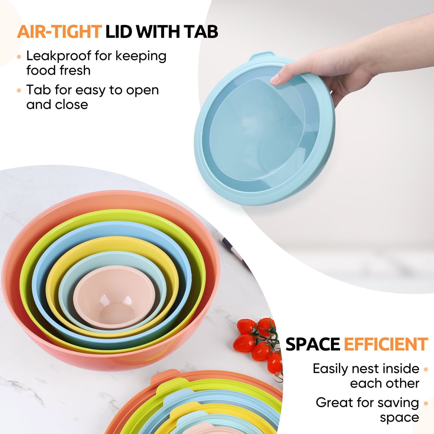 Mixing Bowls with Airtight Lids Set of 6, Plastic Nesting Bowls Prep Bowls for Mixing, Serving, Kitchen Preparing, Storage, Microwave &amp; Freezer Safe