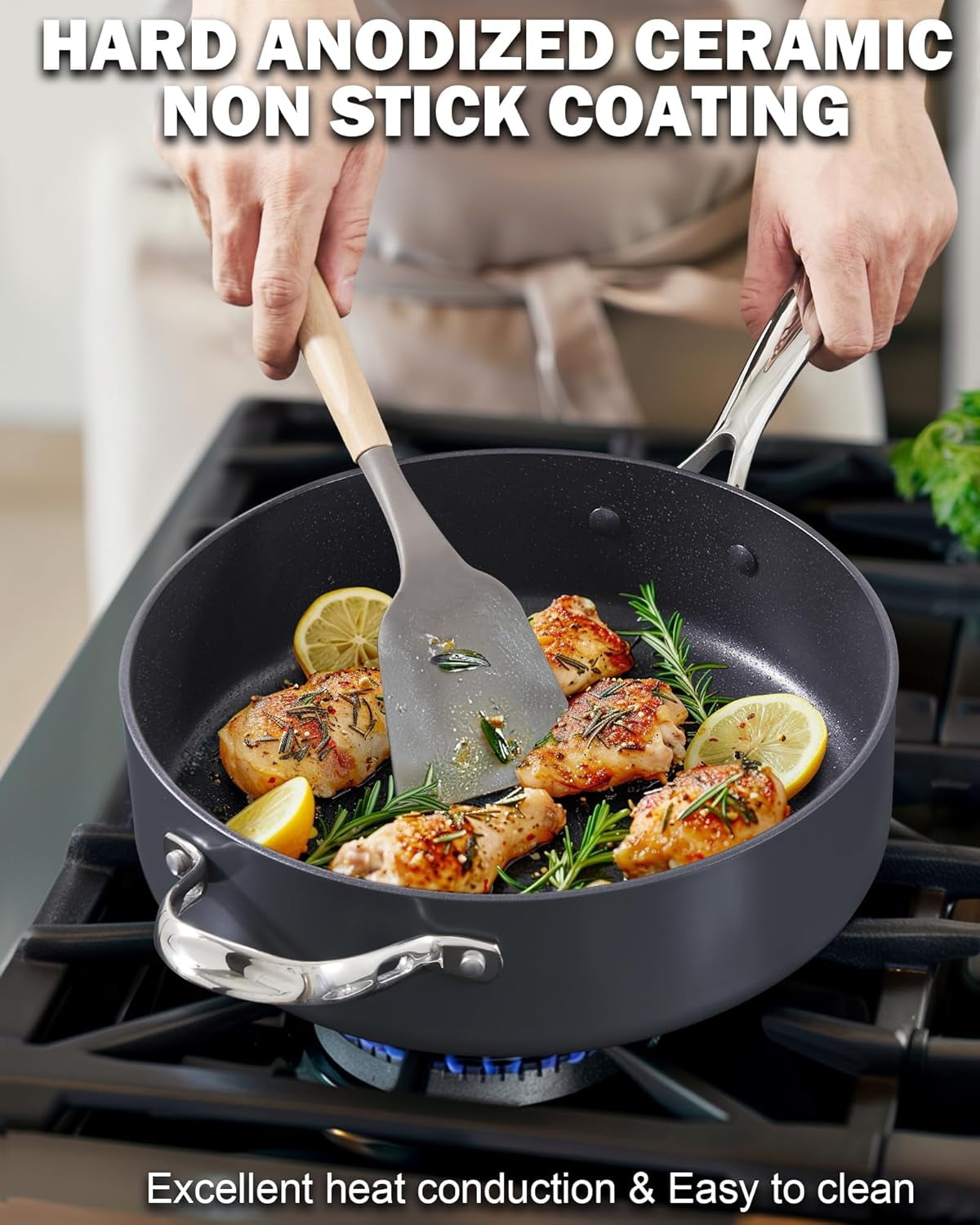 4-QT Nonstick Deep Sauté Pan with Lid, 10.5-inch Deep Frying Pan Hard Anodized Ceramic Nonstick Induction Cookware, Oven Safe Large Skillet Jumbo Cooker Sartén, Helper Handle, Black