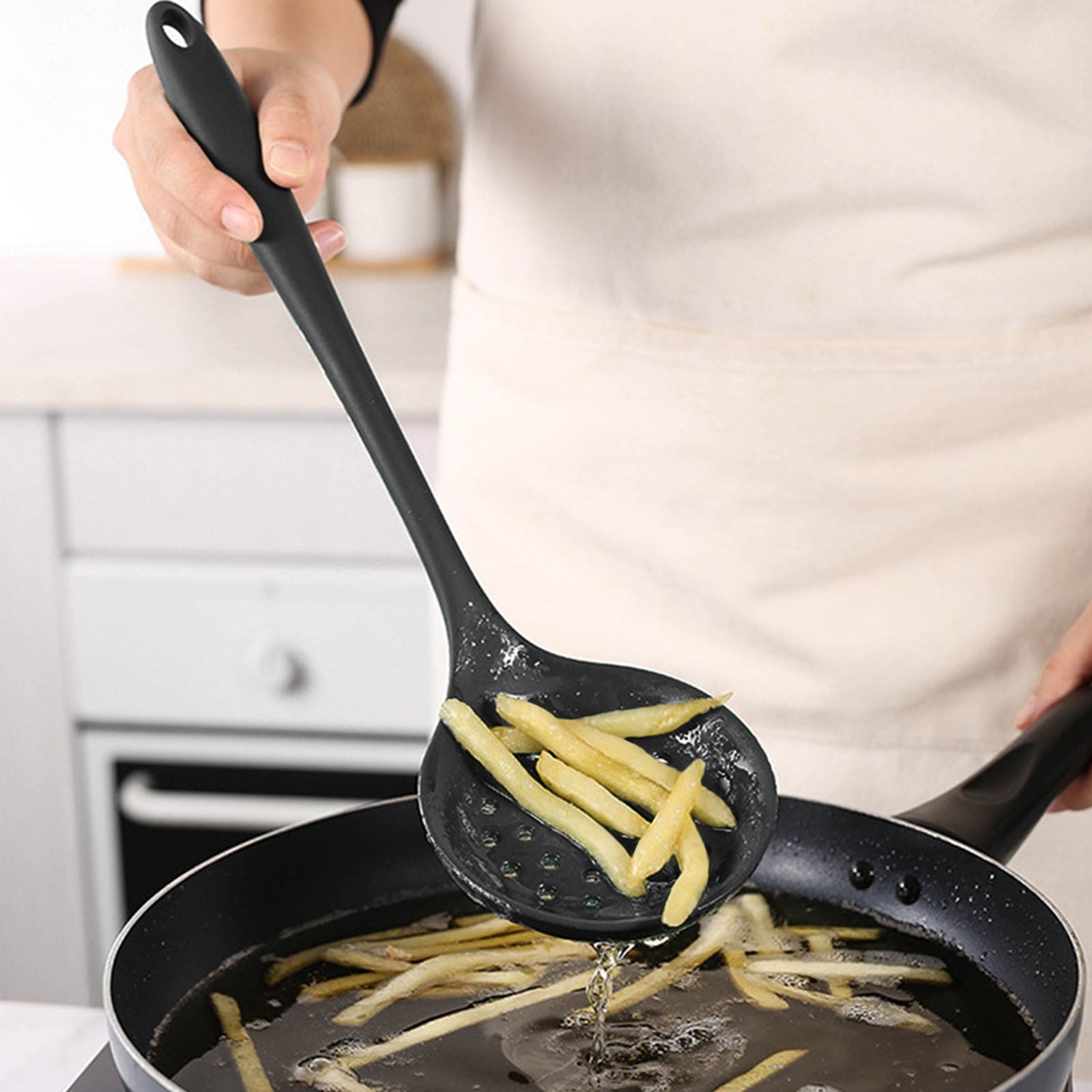 Silicone Skimmer Spoon under $5! Yannianjz Skimmer Spoon with Slotted Design, Long Handle Kitchen Strainer Ladle, Cooking Utensil for Frying Boiling, Non-Stick Cookware Safe Kitchen Tool