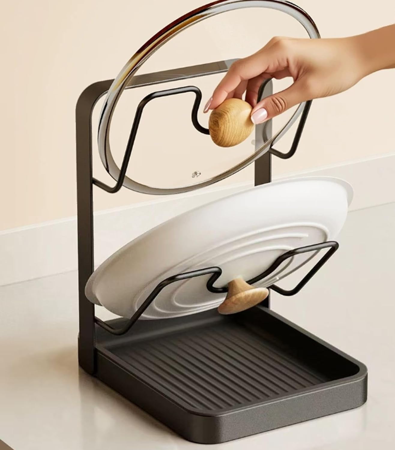 Kitchen Pot Lid Storage Rack，2026 Practical Cooking Tool Rack，Uses stainless steel to store cookware while cooking，great helper for keeping your countertop tidy