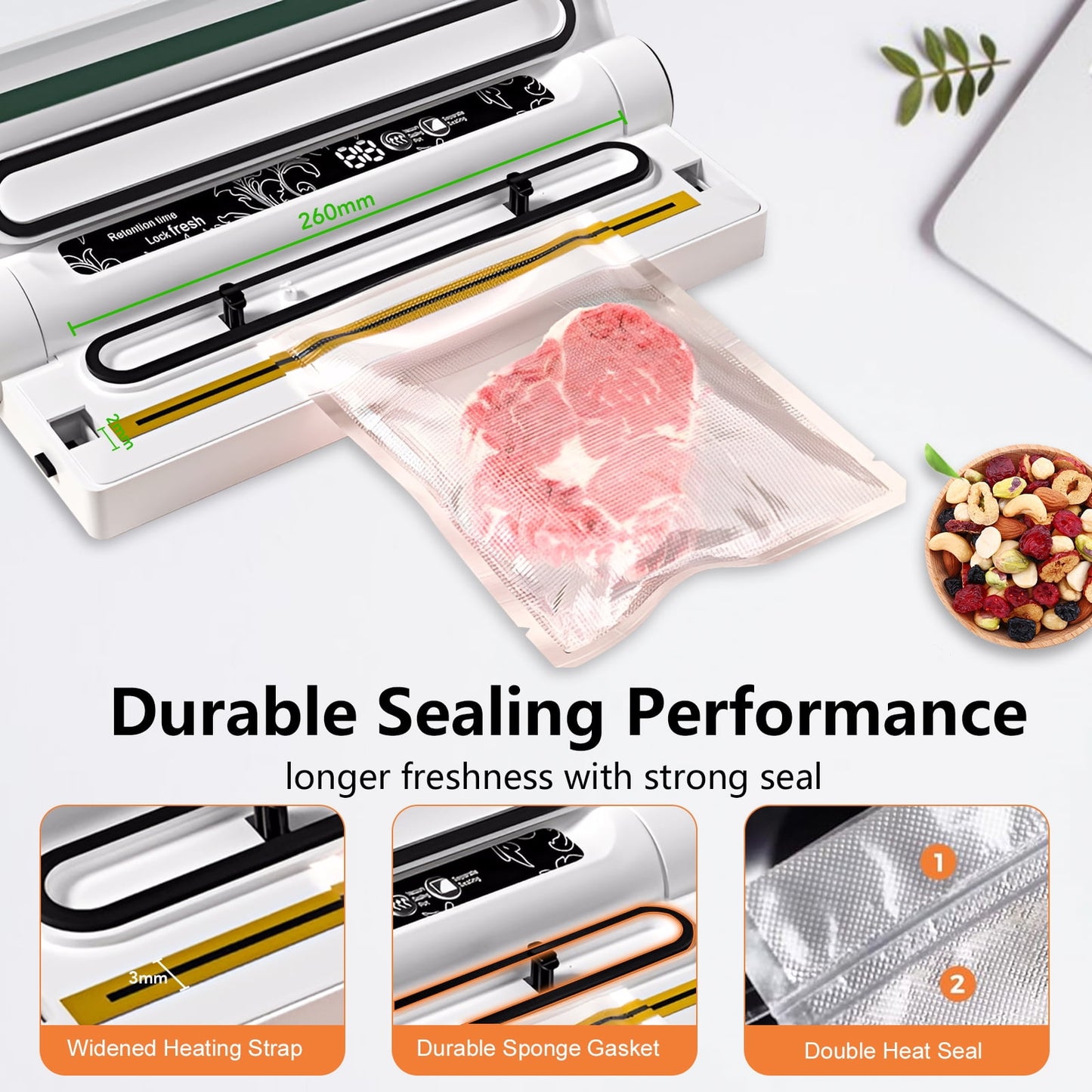 Vacuum Sealer, 62Kpa Food Sealer Machine with Dry/Wet Modes and 20 Sealer Bags for Kitchen Storage &amp; Meal Prep, Digital Countdown Timer, Compact Design