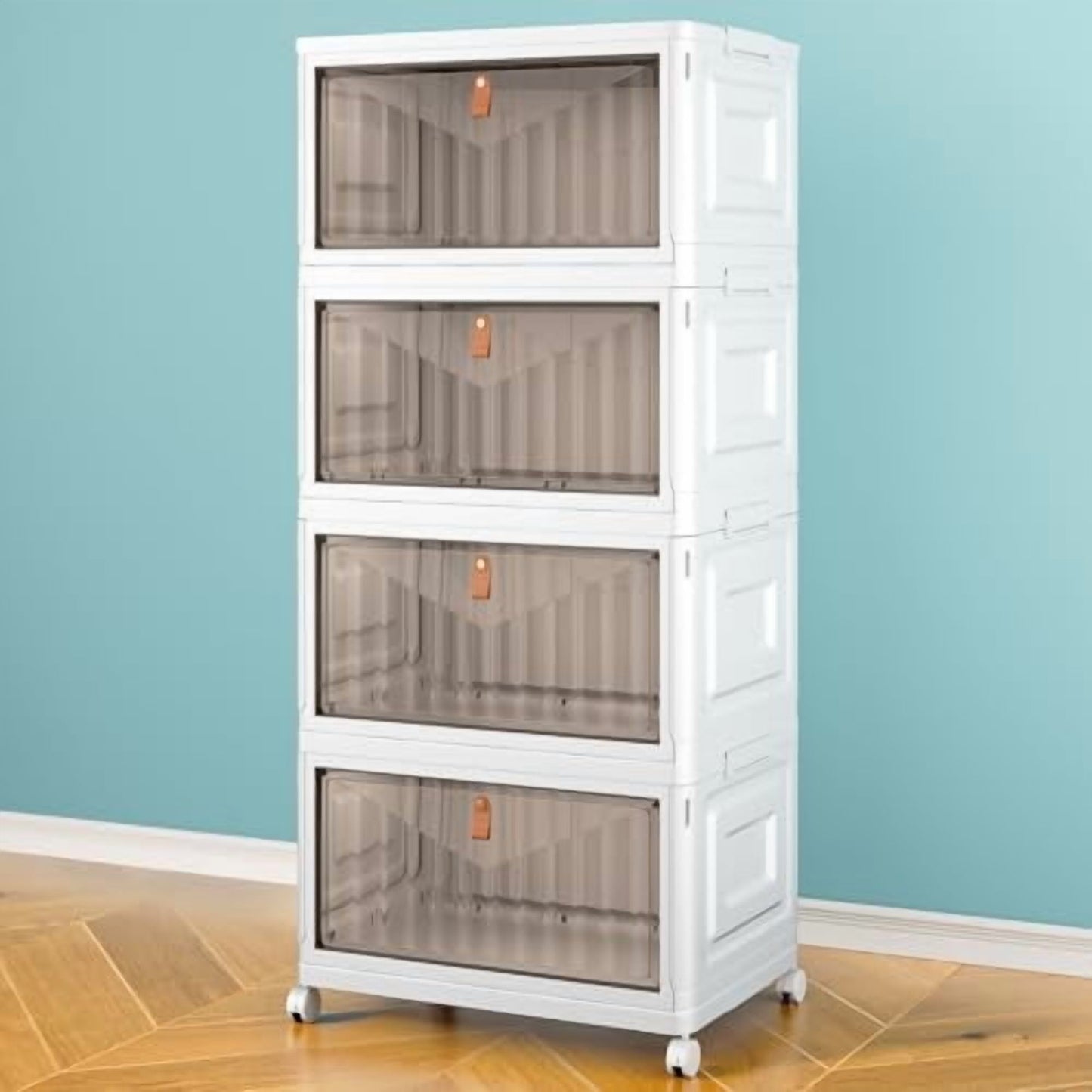 4 Tier Storage Bins with Lids, 23QT Stackable Closet Organizers and Storage with Wheels, Collapsible Storage Boxes, Plastic Storage Containers for Home,Office, Dorm Room-White