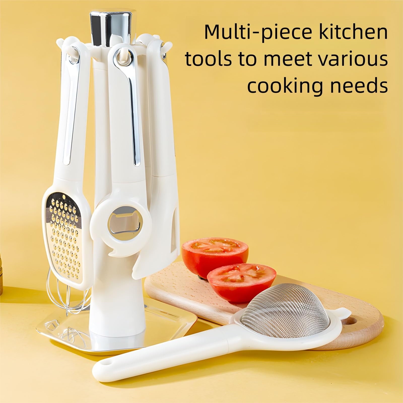 Kitchen Helper Tool Set,Multifunctional Storage Rack,Stainless Steel Grater,Egg Whisk Bottle Opener,Strainer Peeler Set,Wooden Hook Rack,Easy Clean Utensils,7 Piece Cookware Set,Desert Theme Rack