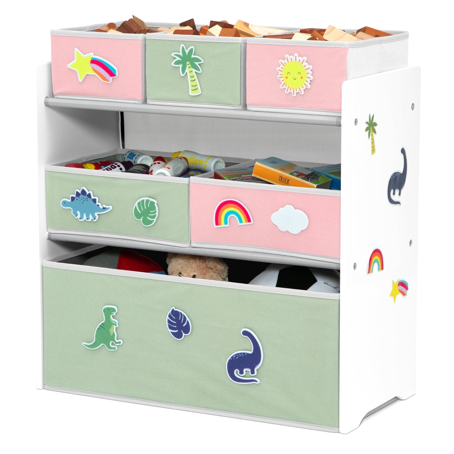 Design &amp; Store 6 Bin Toy Storage Organizer with Interchangeable Patches, Green/Pink