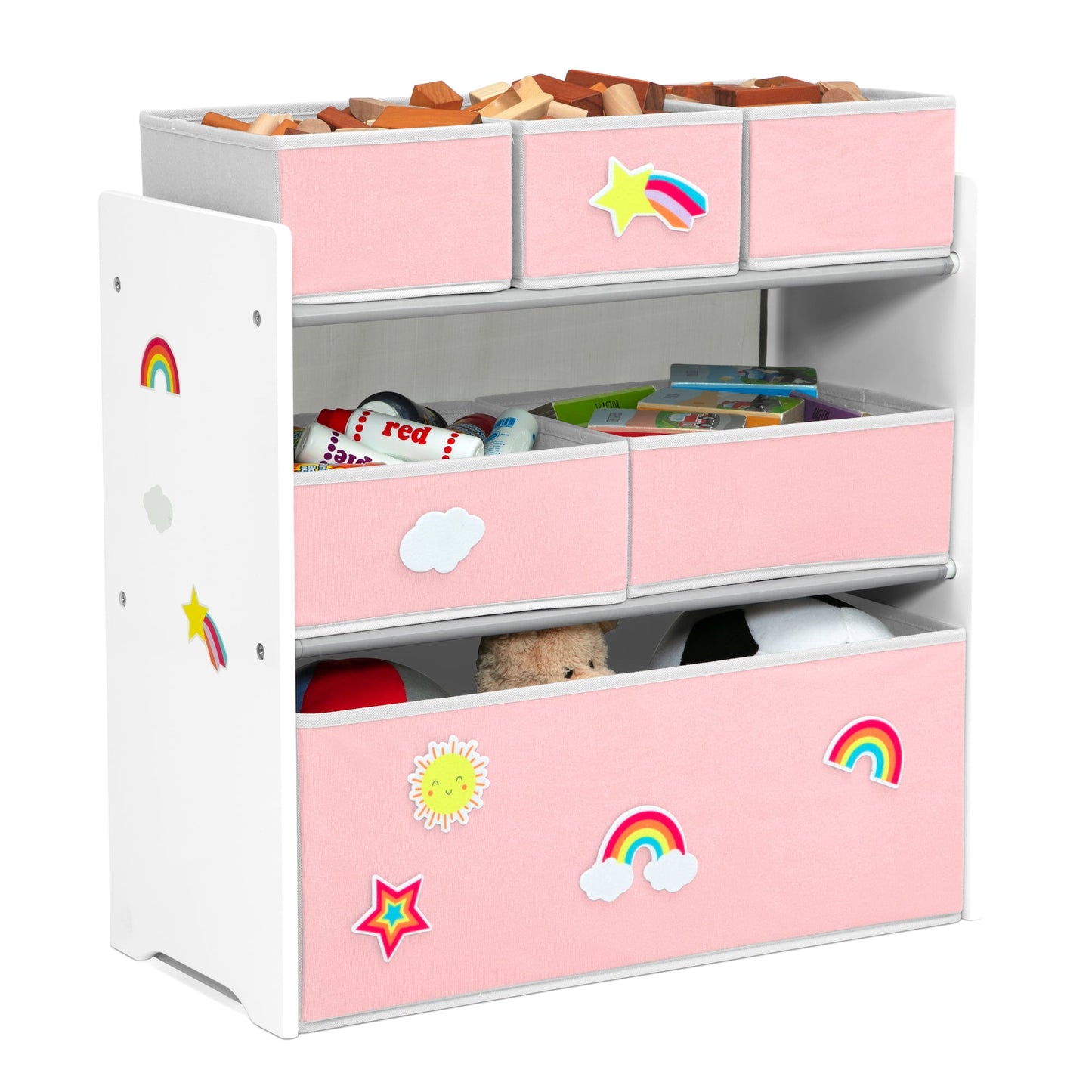 Design &amp; Store 6 Bin Toy Storage Organizer with Interchangeable Patches, Green/Pink