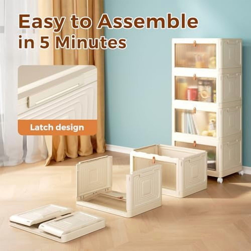 4 Tier Storage Bins with Lids, 23QT Stackable Closet Organizers and Storage with Wheels, Collapsible Storage Boxes, Plastic Storage Containers for Home,Office, Dorm Room-White