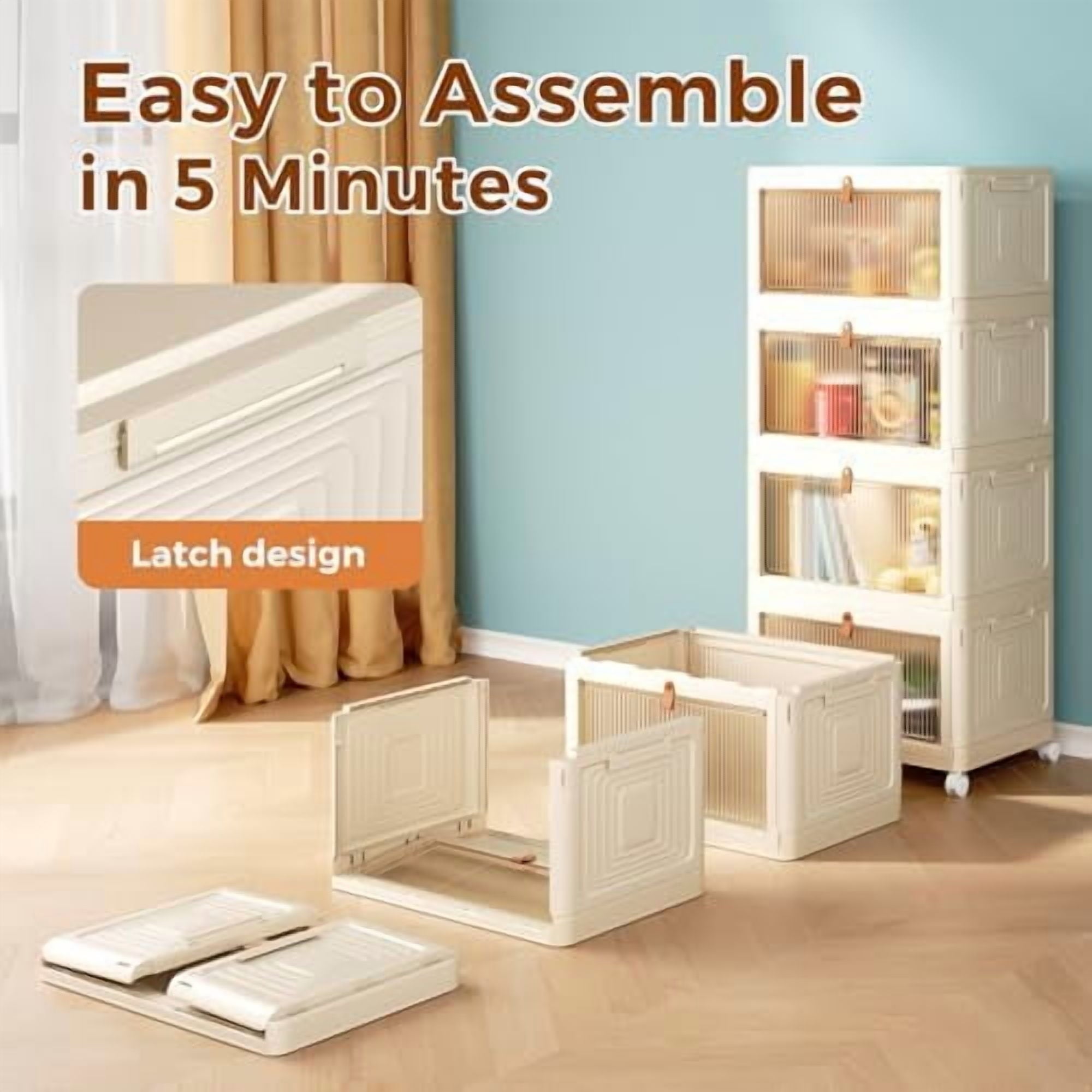 4 Tier Storage Bins with Lids, 23QT Stackable Closet Organizers and Storage with Wheels, Collapsible Storage Boxes, Plastic Storage Containers for Home,Office, Dorm Room-White