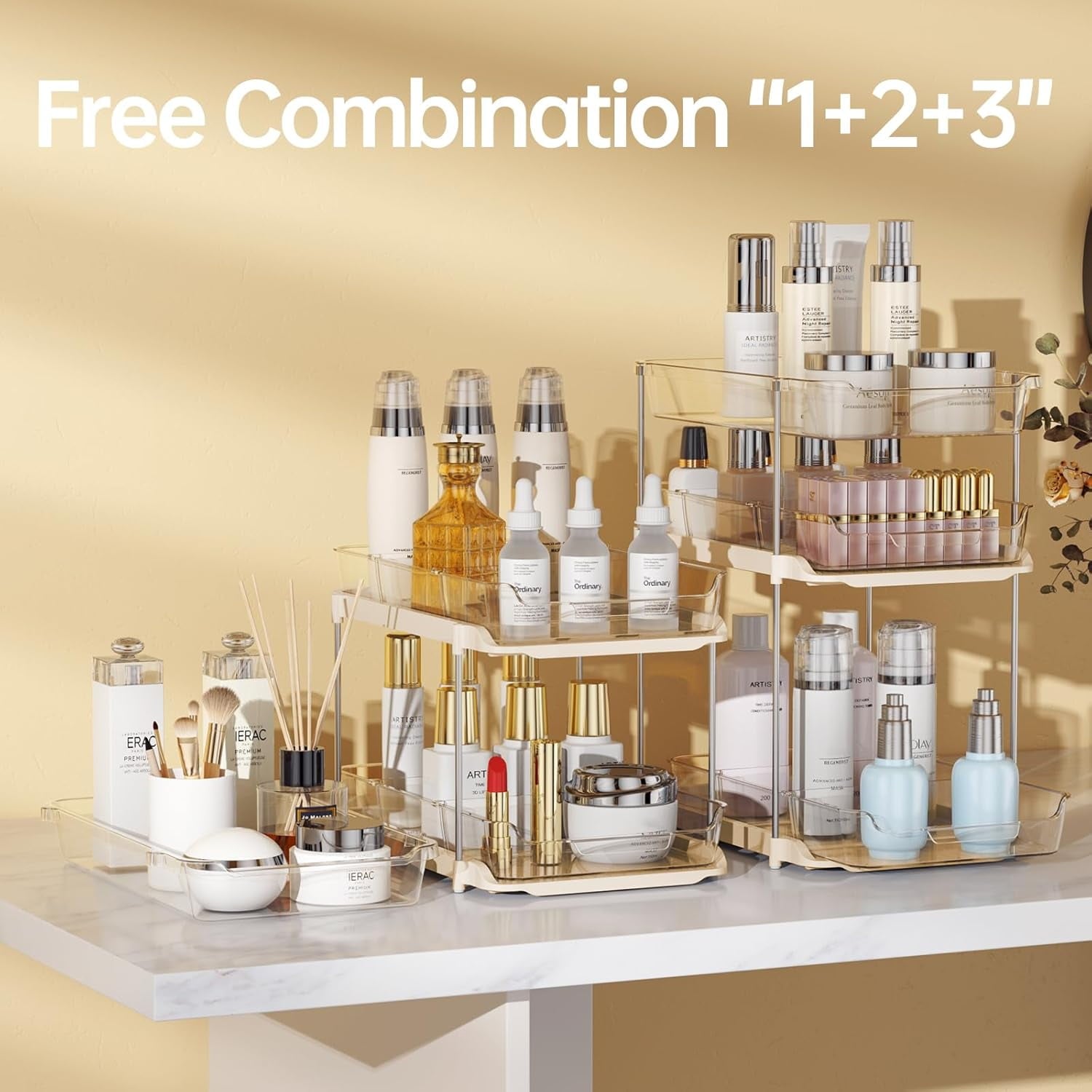 Delamu 2-Pack 3-Tier Pull-Out Under Sink Organizer, Stackable Sliding Storage Shelves for Bathroom Kitchen Pantry (White)