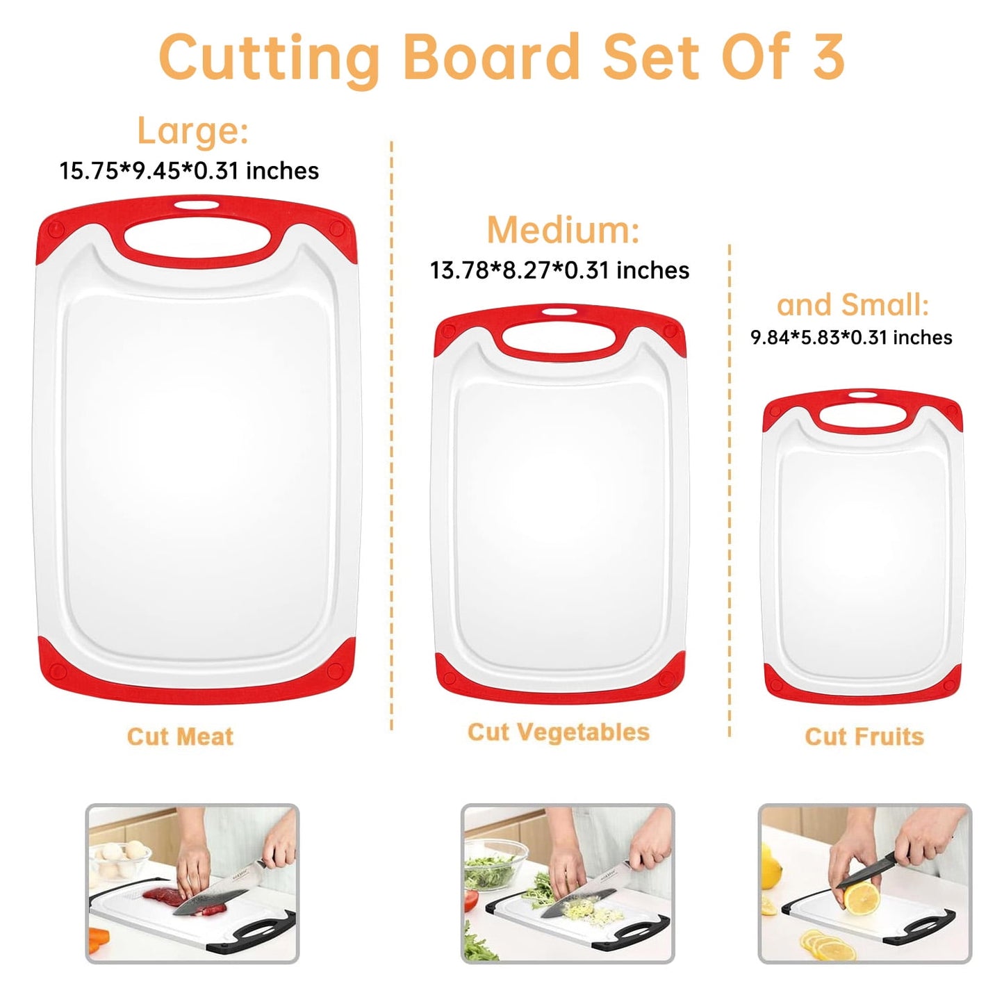 3-Piece Plastic Cutting Board Set, Cutting Boards for Kitchen with Non Slip Handles and Juice Groove, Ideal Chopping for Meat, Vegetables and Fruits, Pink, Blue, Green