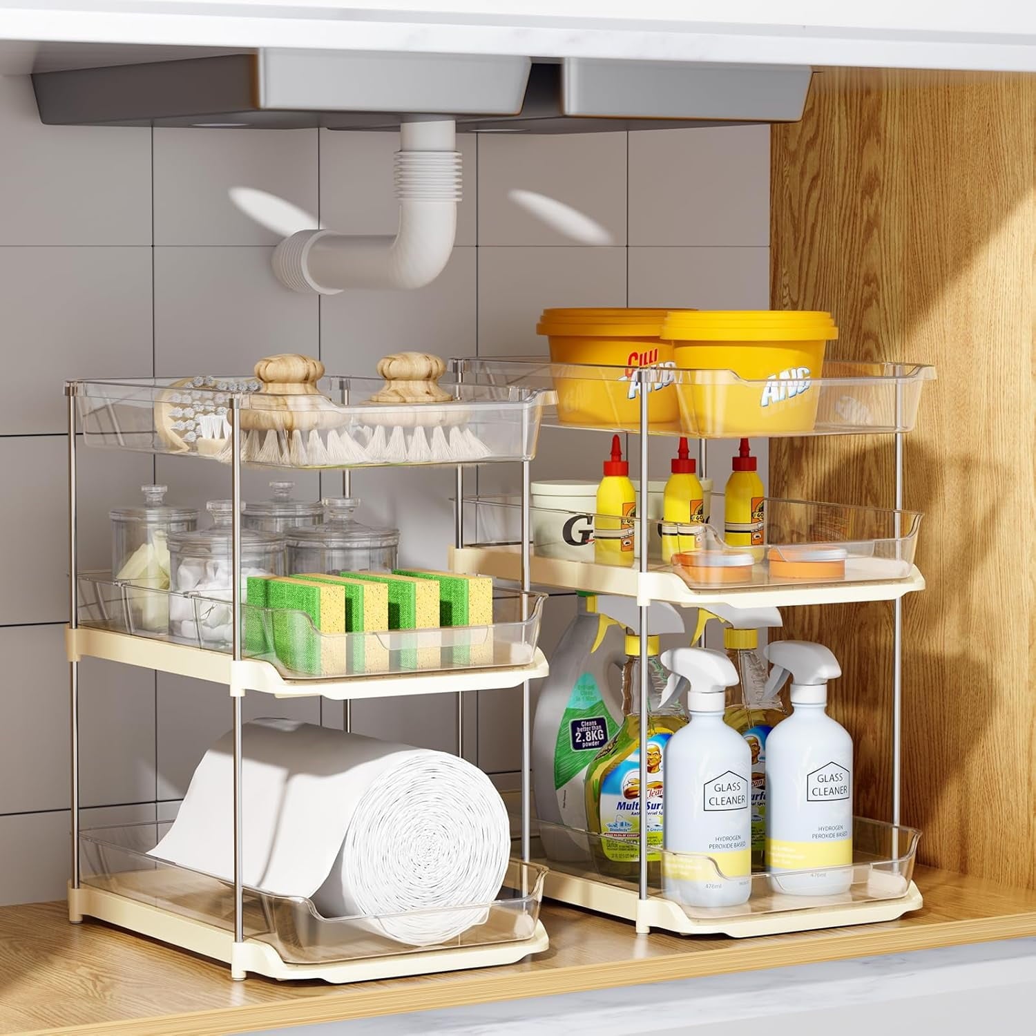 Delamu 2-Pack 3-Tier Pull-Out Under Sink Organizer, Stackable Sliding Storage Shelves for Bathroom Kitchen Pantry (White)