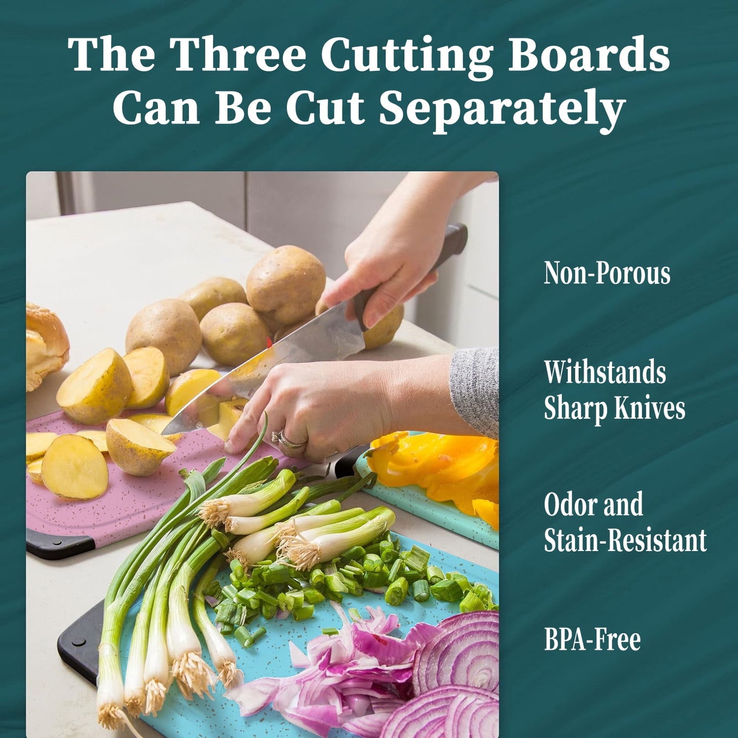 3-Piece Plastic Cutting Board Set, Cutting Boards for Kitchen with Non Slip Handles and Juice Groove, Ideal Chopping for Meat, Vegetables and Fruits, Pink, Blue, Green