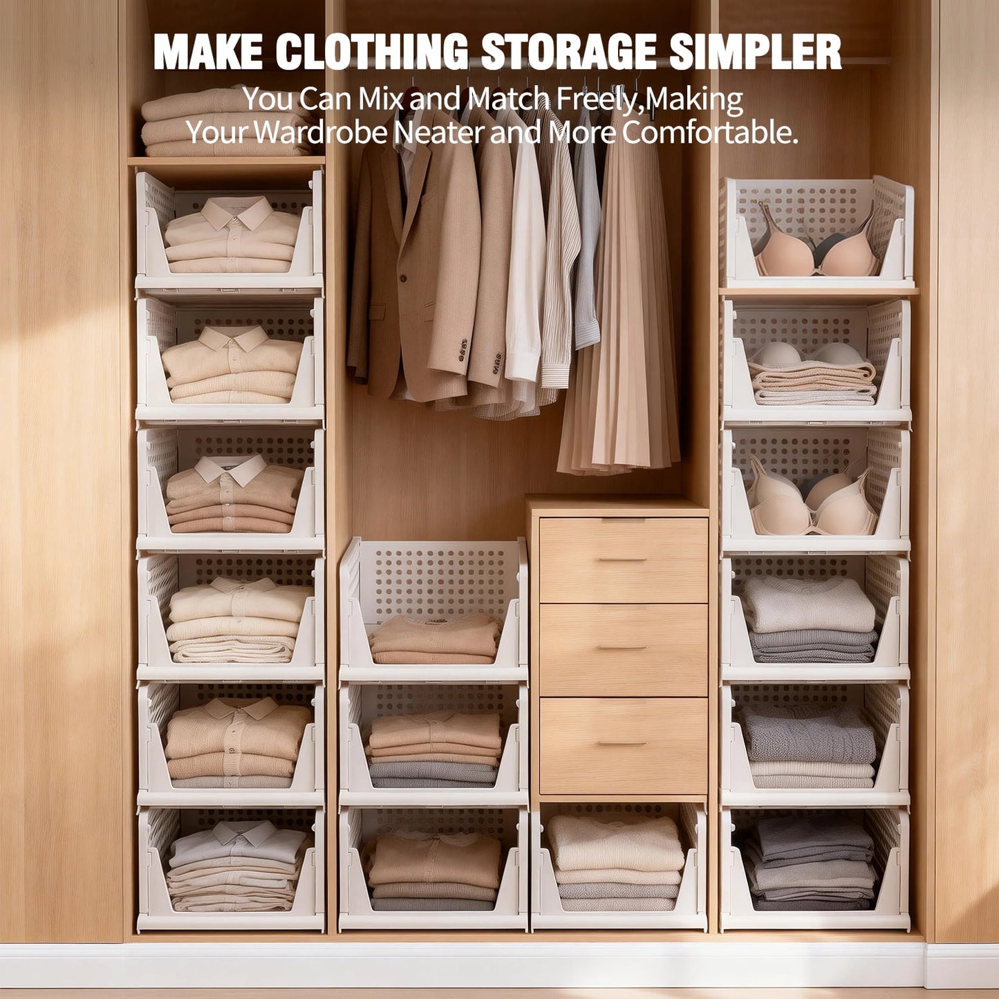 5 Pack Stackable Closet Storage Basket, Multifunctional Closet Organizer for Kitchen Bathroom Laundry Room Wardrobe Storage, Space-Saving Clothes Storage Drawer Organizer, White