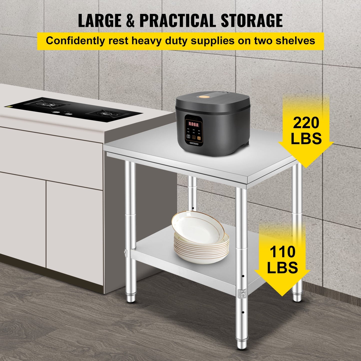35 x 24 x 31 Inch Metal Prep Station, Heavy Duty Commercial Food Prep Work Table up to 700 lbs, Robust Stainless Steel Work Table with 3 Height Adjustment Options for Kitchen, Restaurant