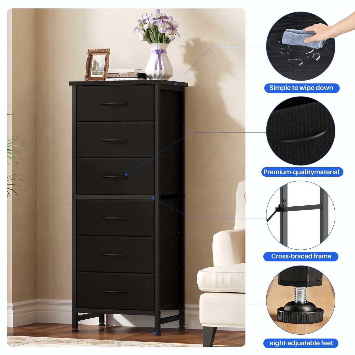 5 Fabric Dresser with 5 Storage Drawers, TV Stand with Wooden Top Metal Frame for Clothes, Living Room, Hallway, Entryway, Rust
