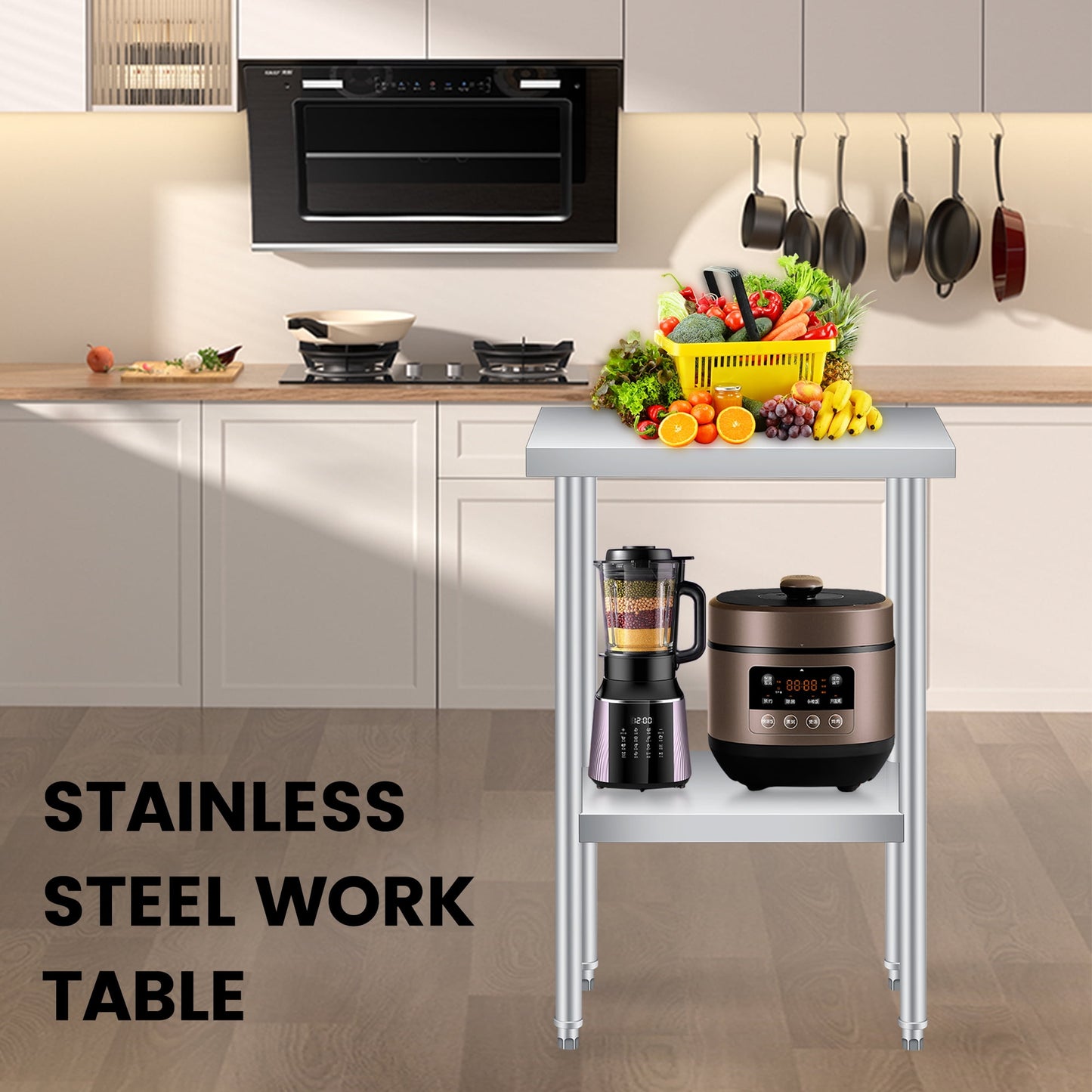 2 Tier Rolling Stainless Steel Table 24x24 Inch Small Prep Table with Adjustable Storage Shelf, 4 Wheels, Glooves &amp; Dishcloth, Rust Resistant &amp; Heavy Duty for Home