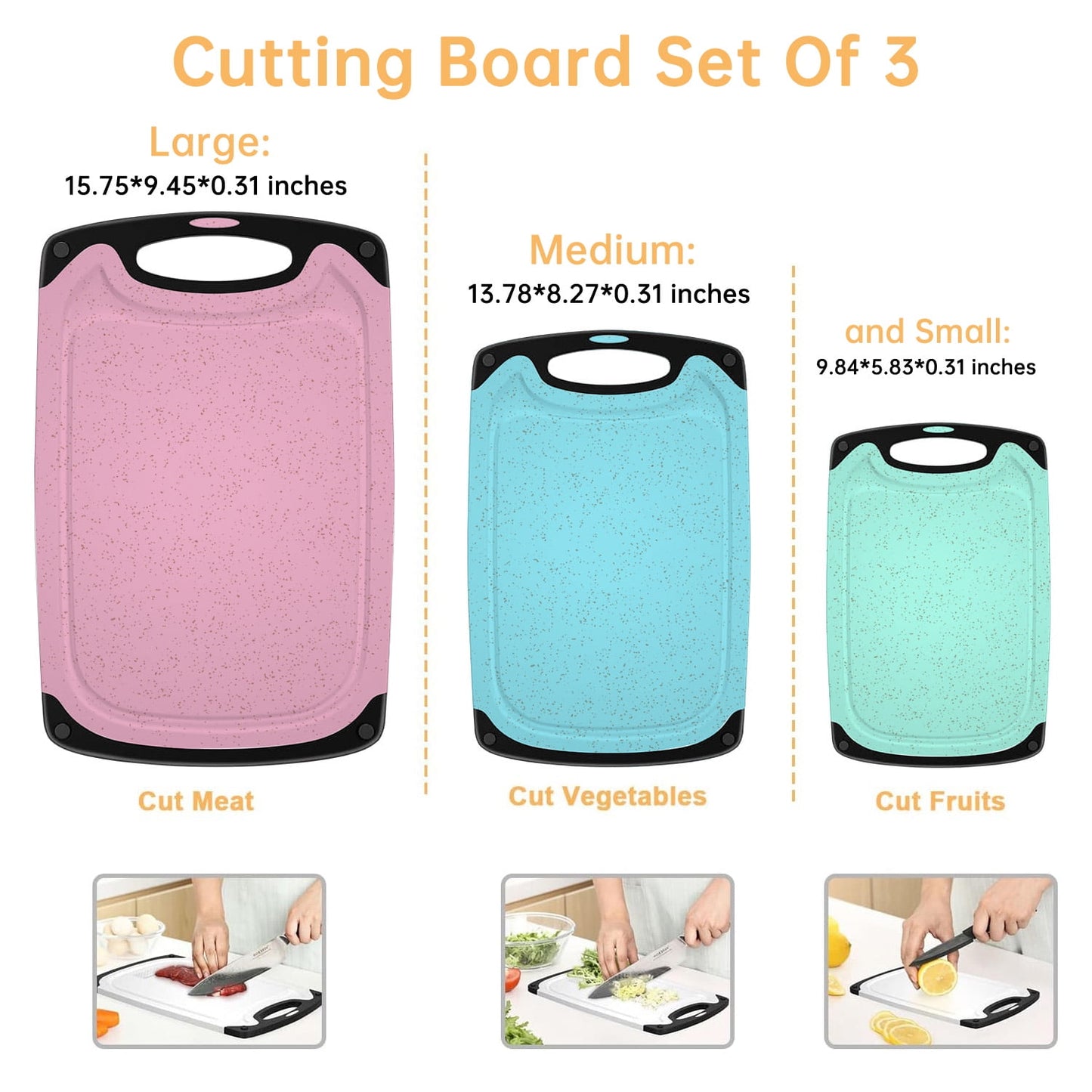 3-Piece Plastic Cutting Board Set, Cutting Boards for Kitchen with Non Slip Handles and Juice Groove, Ideal Chopping for Meat, Vegetables and Fruits, Pink, Blue, Green