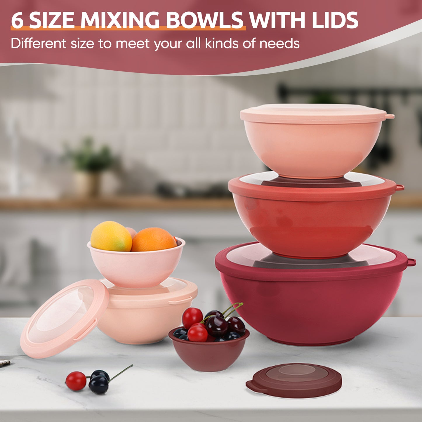 Mixing Bowls with Airtight Lids Set of 6, Plastic Nesting Bowls Prep Bowls for Mixing, Serving, Kitchen Preparing, Storage, Microwave &amp; Freezer Safe