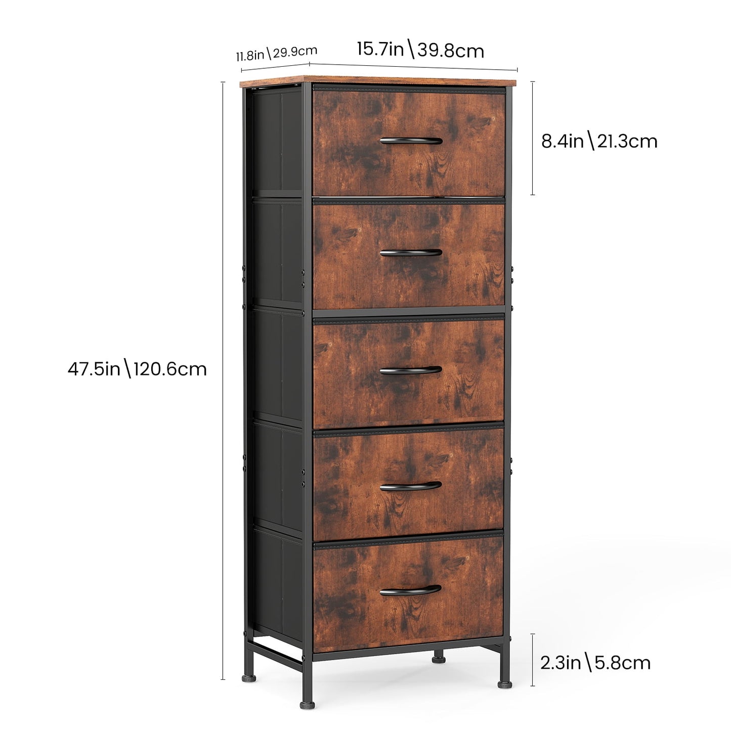 5 Fabric Dresser with 5 Storage Drawers, TV Stand with Wooden Top Metal Frame for Clothes, Living Room, Hallway, Entryway, Rust