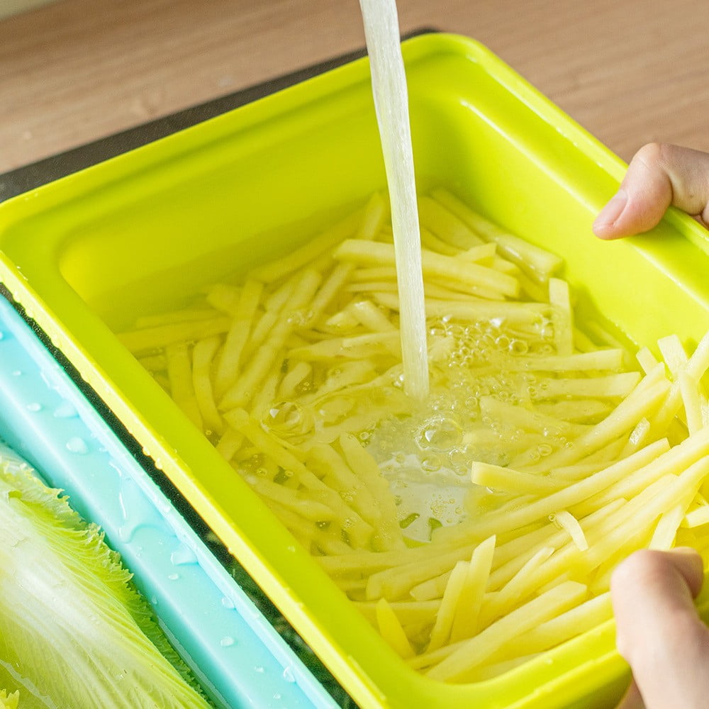 Multifunctional Kitchen Prep Station Cutting Board with Colander and Drainage Spout Food Grade Plastic Washing Basin for Vegetables Dishes Countertop Space Saving