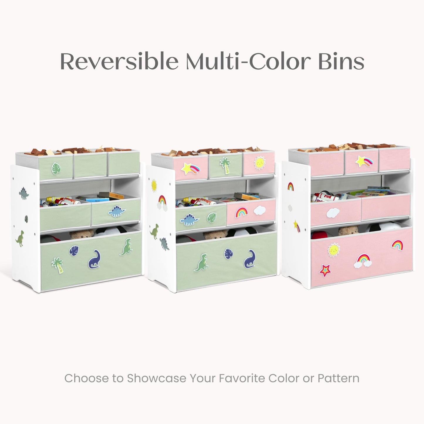 Design &amp; Store 6 Bin Toy Storage Organizer with Interchangeable Patches, Green/Pink