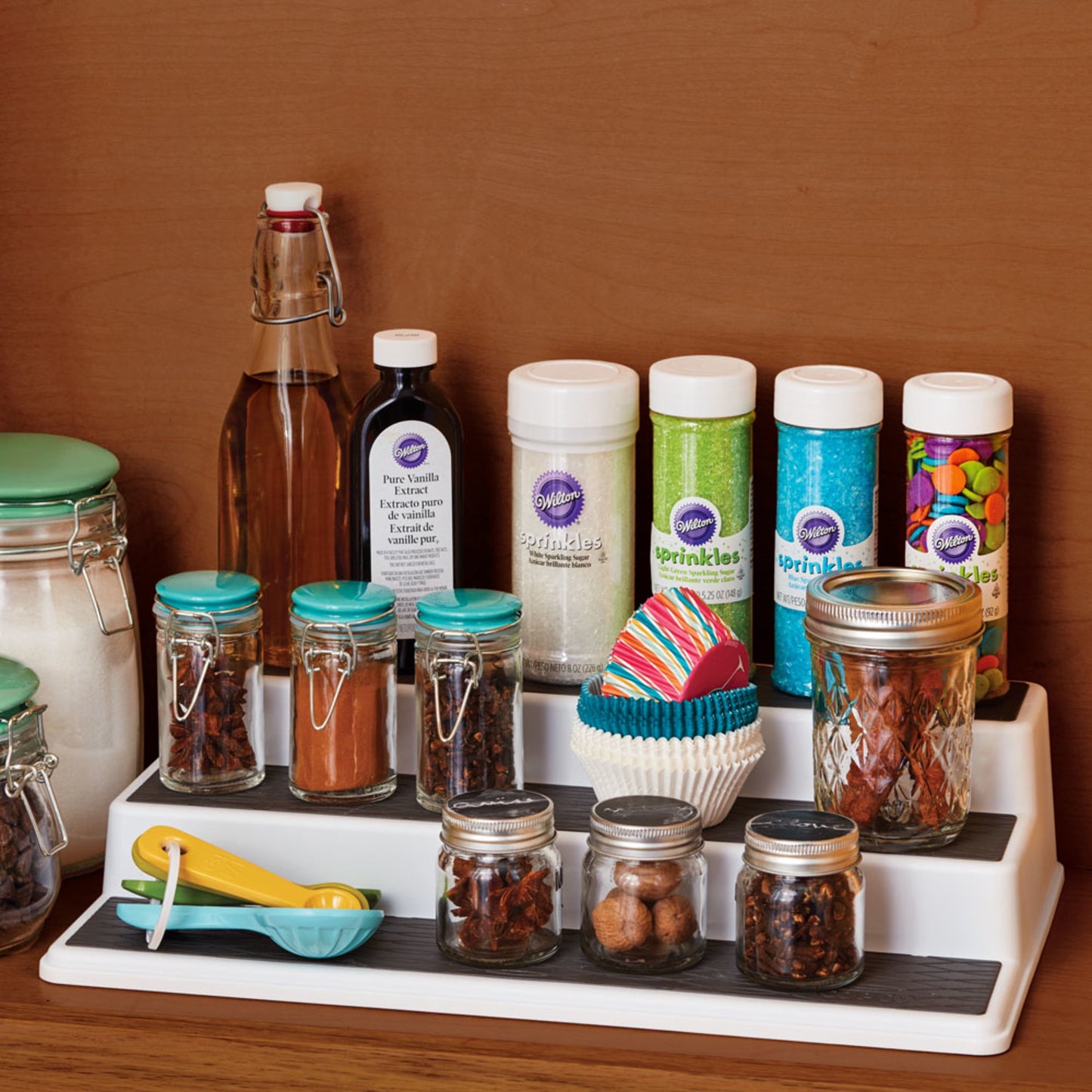 Non-Skid 3-Tier Spice Pantry Kitchen Cabinet Organizer, 15-inch, White/Gray