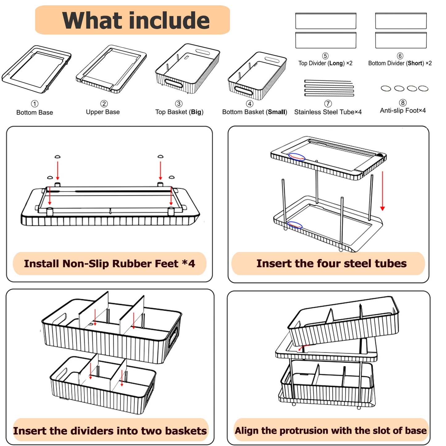 2 Pack Pull Out Bathroom Organizers and Storage, Under Sink Organizer, 2 Tier Kitchen Cabinet Organizer Storage Rack, Clear