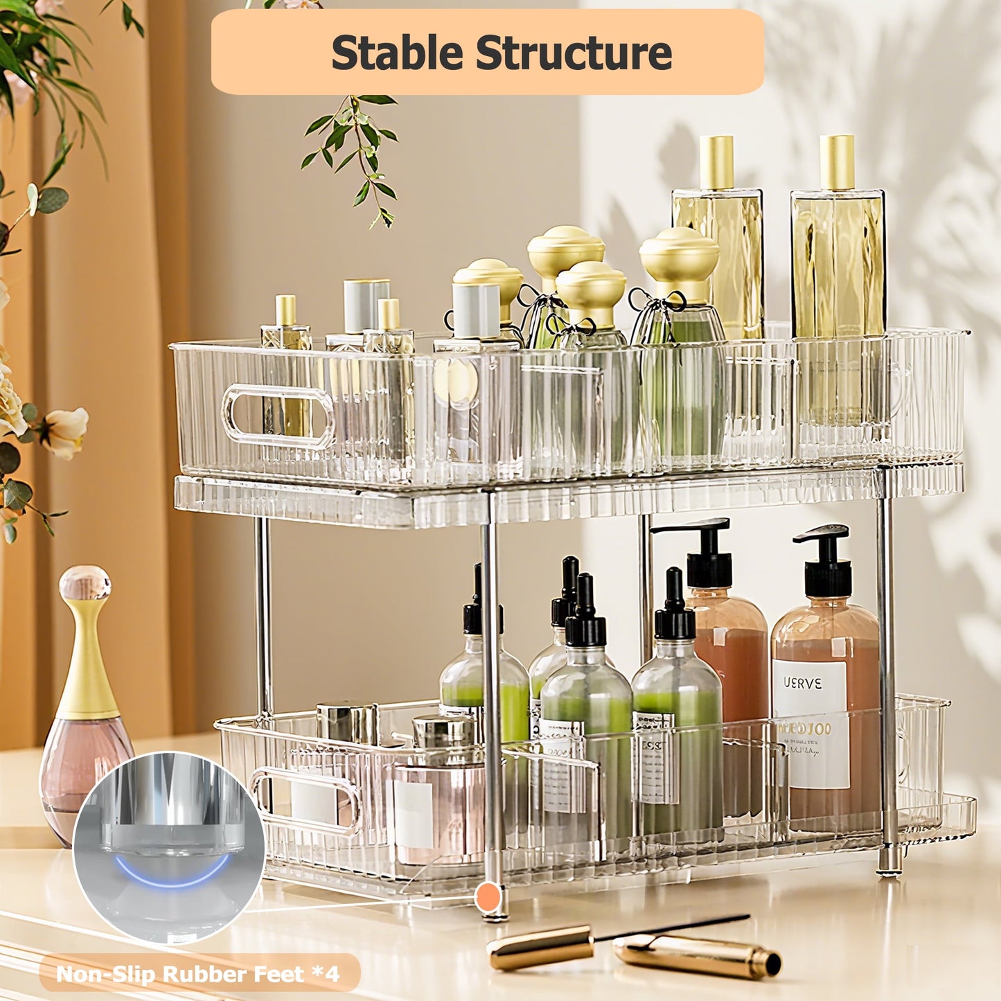 2 Pack Pull Out Bathroom Organizers and Storage, Under Sink Organizer, 2 Tier Kitchen Cabinet Organizer Storage Rack, Clear
