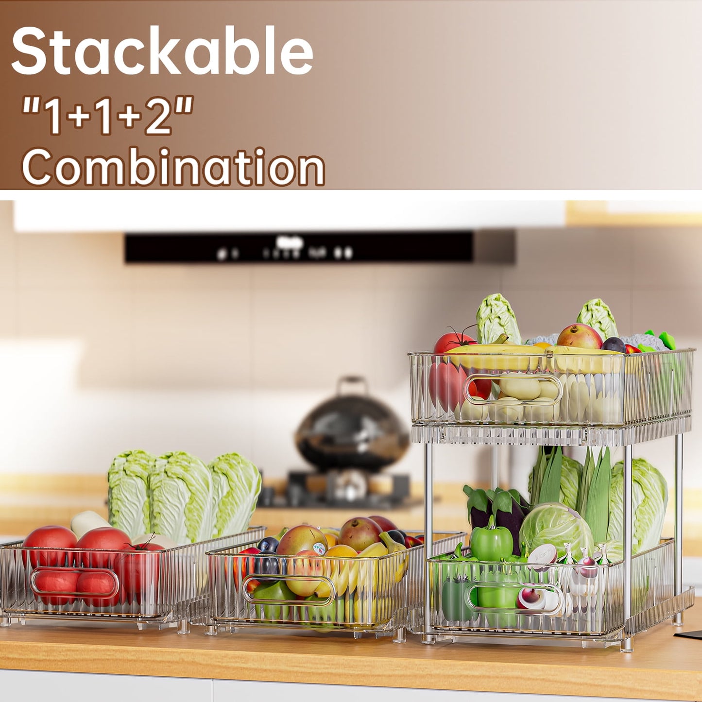 2 Pack Pull Out Bathroom Organizers and Storage, Under Sink Organizer, 2 Tier Kitchen Cabinet Organizer Storage Rack, Clear