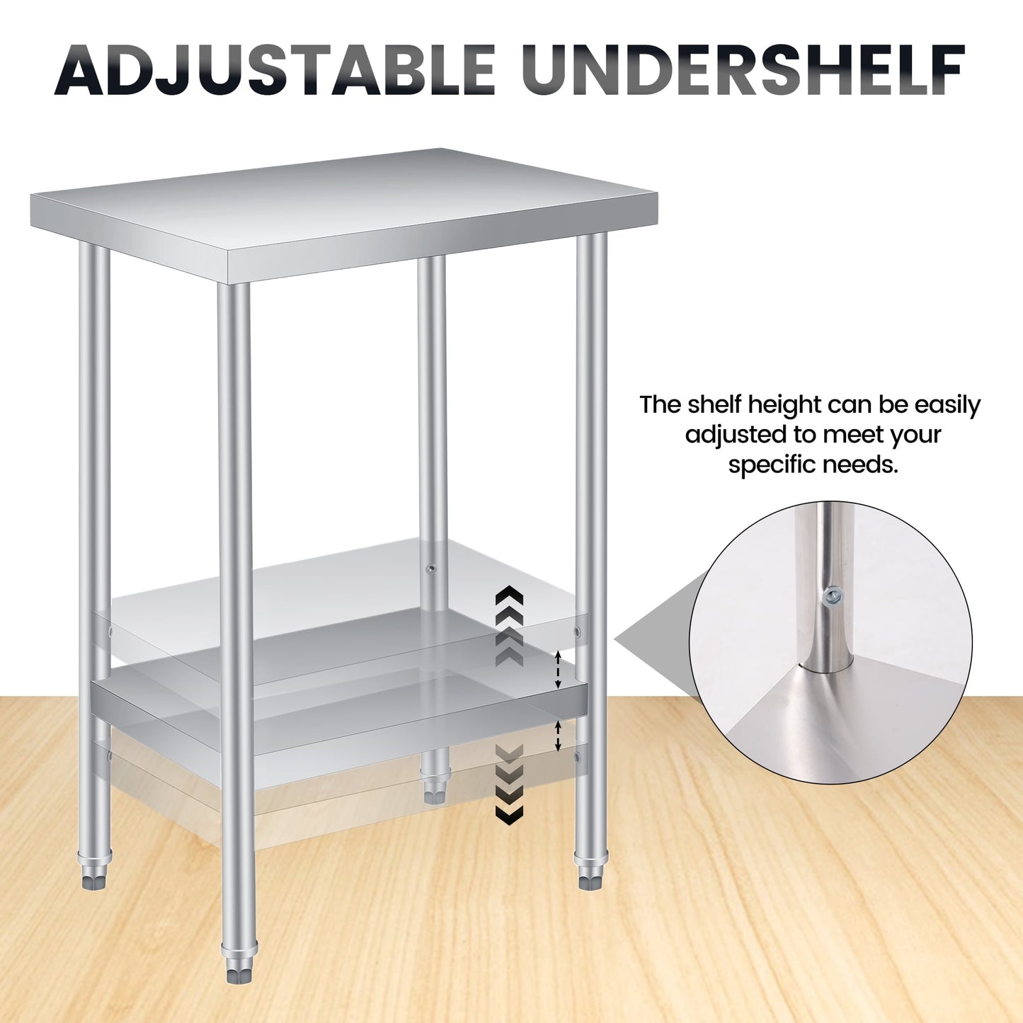 2 Tier Rolling Stainless Steel Table 24x24 Inch Small Prep Table with Adjustable Storage Shelf, 4 Wheels, Glooves &amp; Dishcloth, Rust Resistant &amp; Heavy Duty for Home
