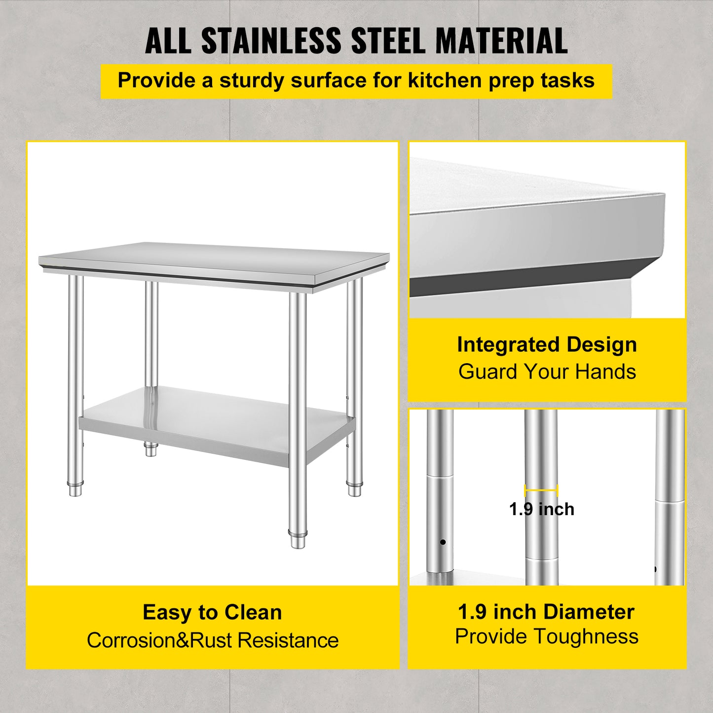 35 x 24 x 31 Inch Metal Prep Station, Heavy Duty Commercial Food Prep Work Table up to 700 lbs, Robust Stainless Steel Work Table with 3 Height Adjustment Options for Kitchen, Restaurant