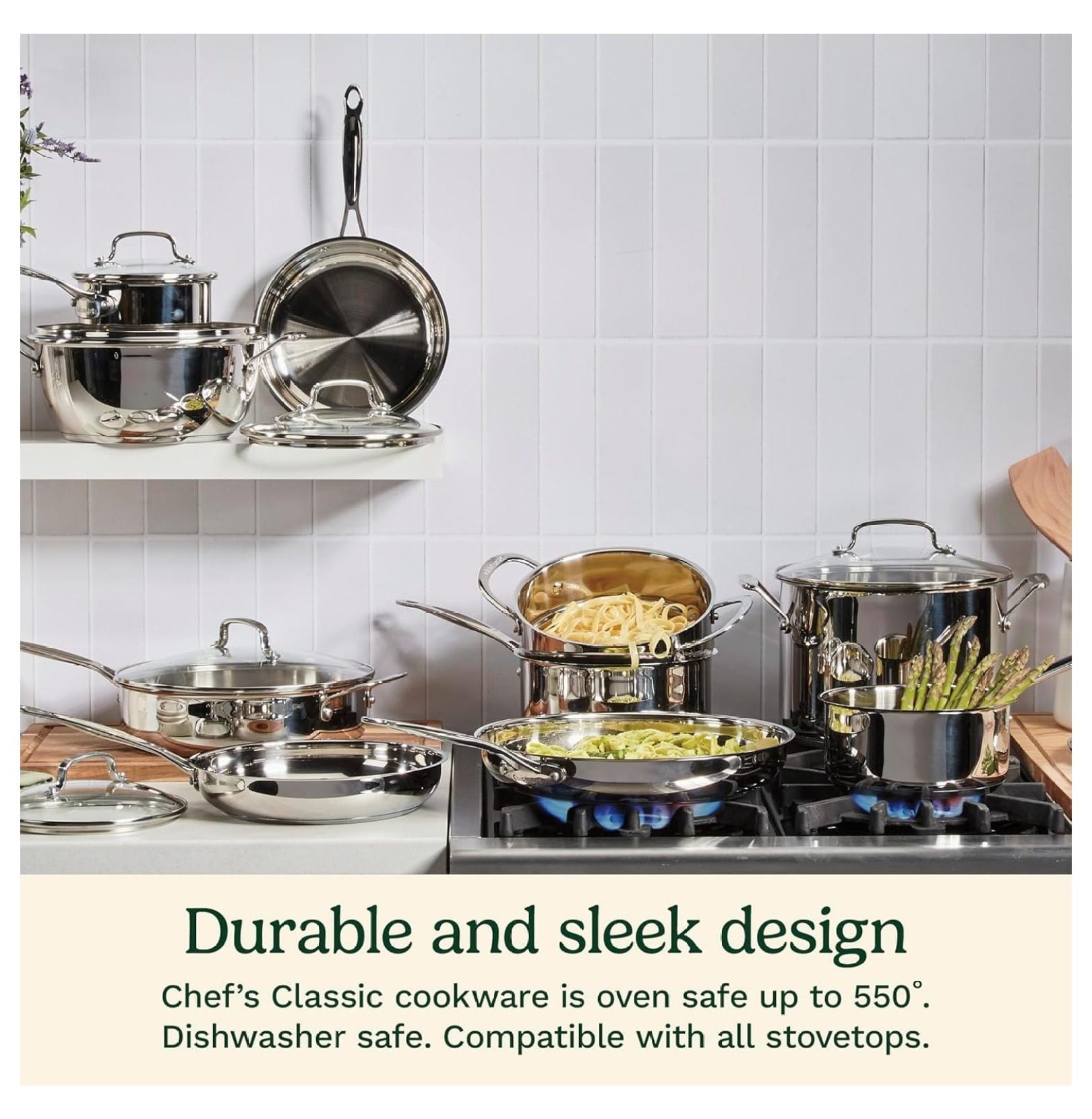 14 Inch Stir Fry Pan with Lid &amp; Helper Handle, Stainless Steel Chef's Pan - Classic Kitchen Cookware for Searing, Sauteing, &amp; High Heat Cooking