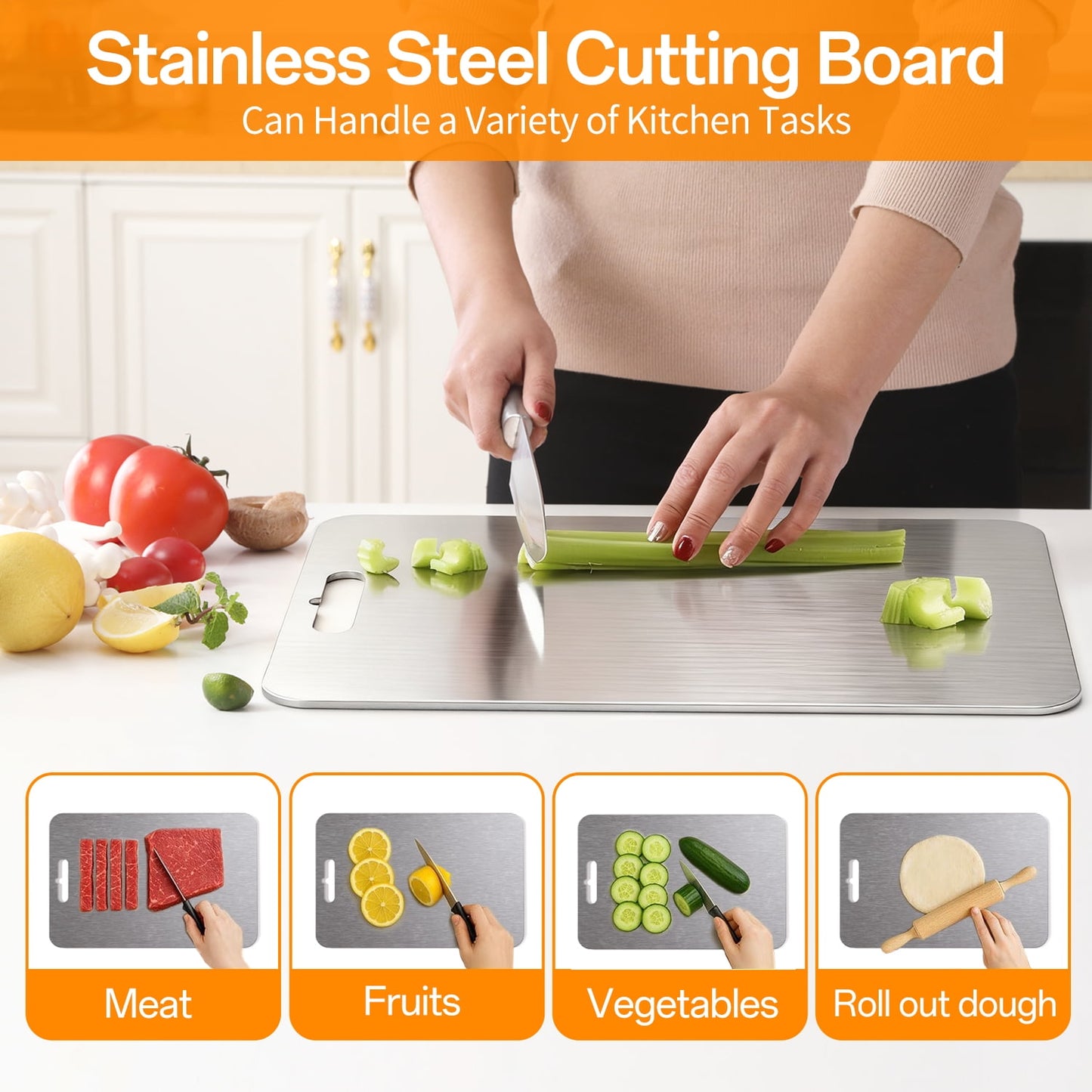 3 PCS Stainless Steel Cutting Board for Kitchen (S+M+L), Hygienic and Dishwasher Safe