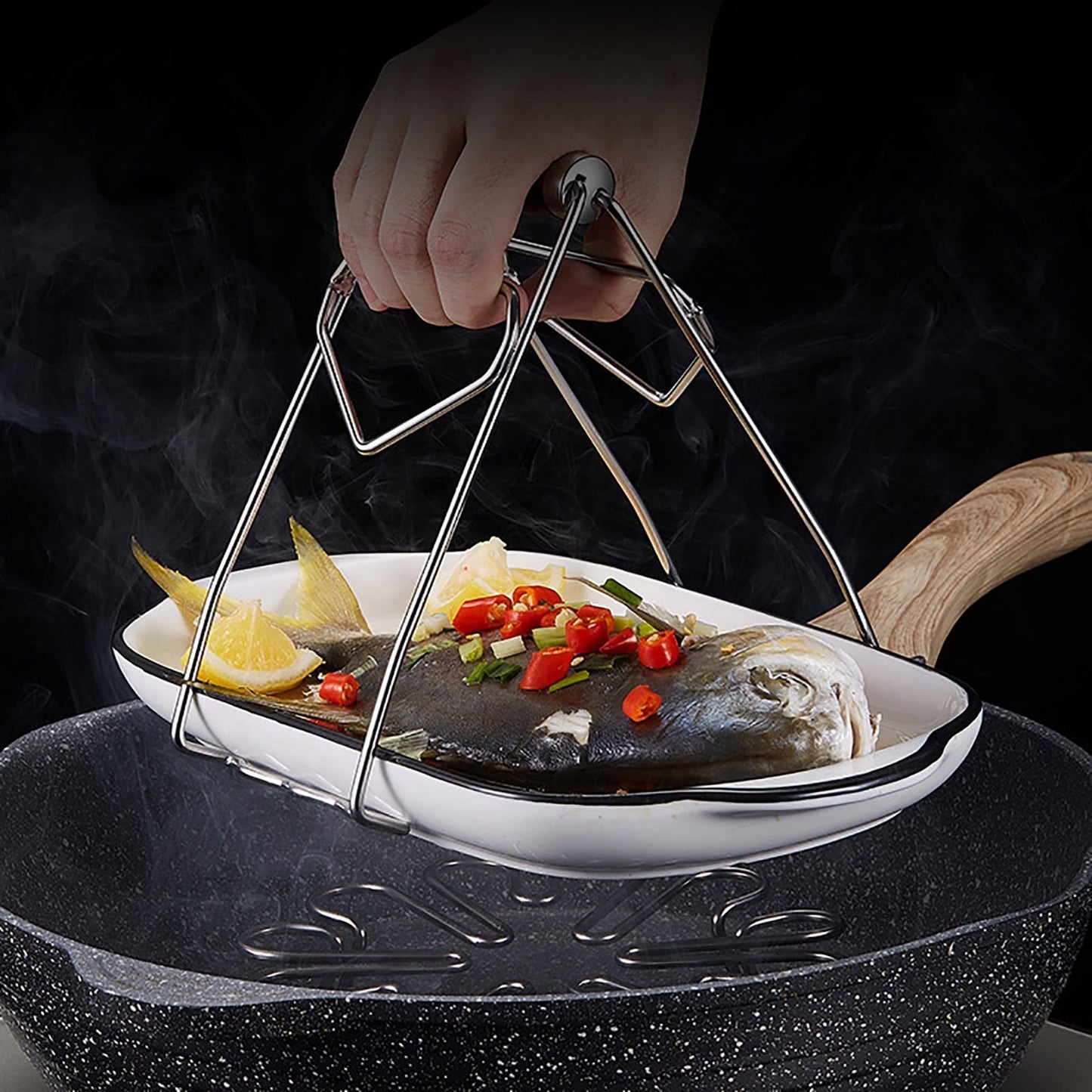 Stainless Steel Hot Plate Gripper &amp; Bowl Clip, Heat-Resistant Pan Lifter for Air Fryer, Pots, Steamers, Dishwasher Safe, One-Handed Kitchen Tool