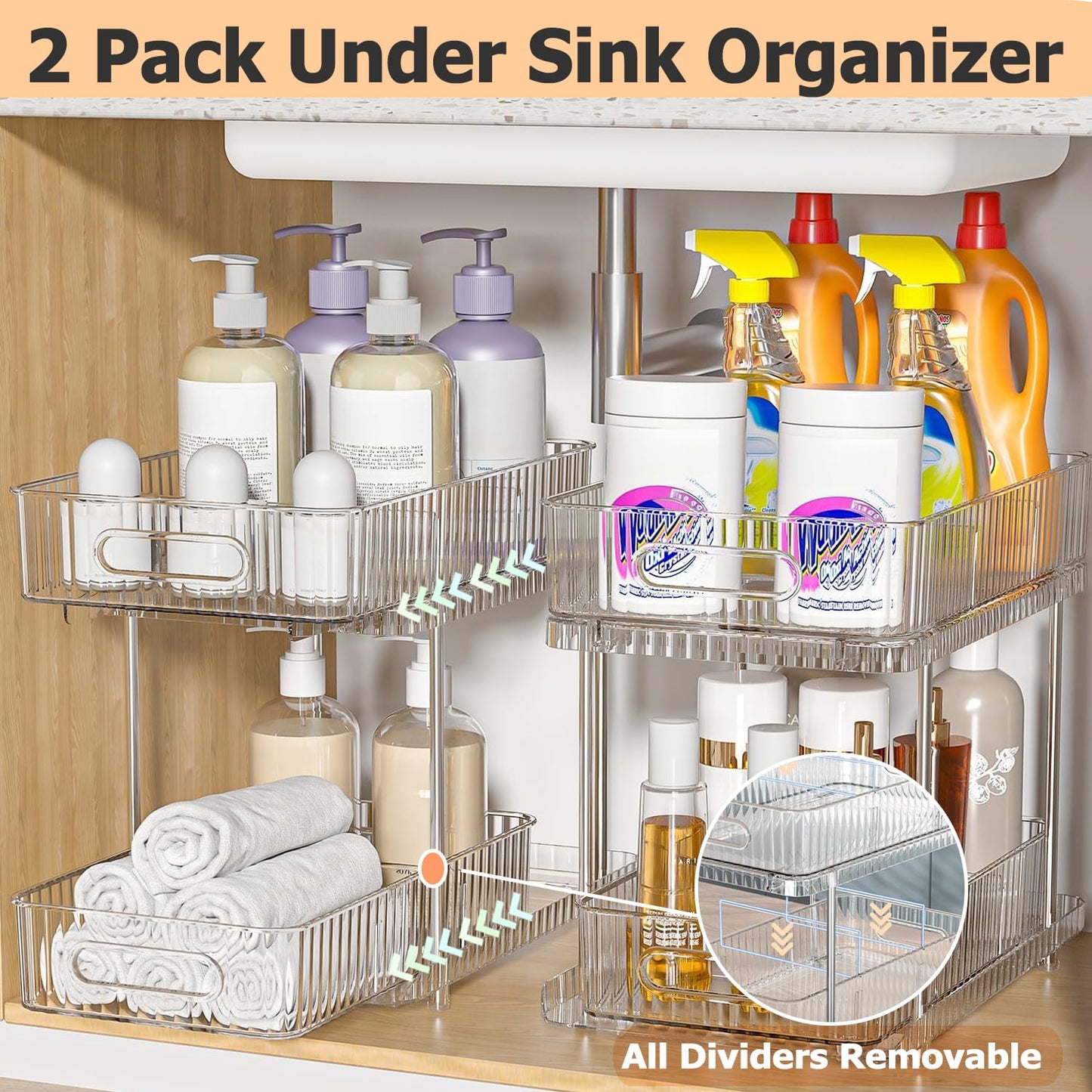 2 Pack Pull Out Bathroom Organizers and Storage, Under Sink Organizer, 2 Tier Kitchen Cabinet Organizer Storage Rack, Clear