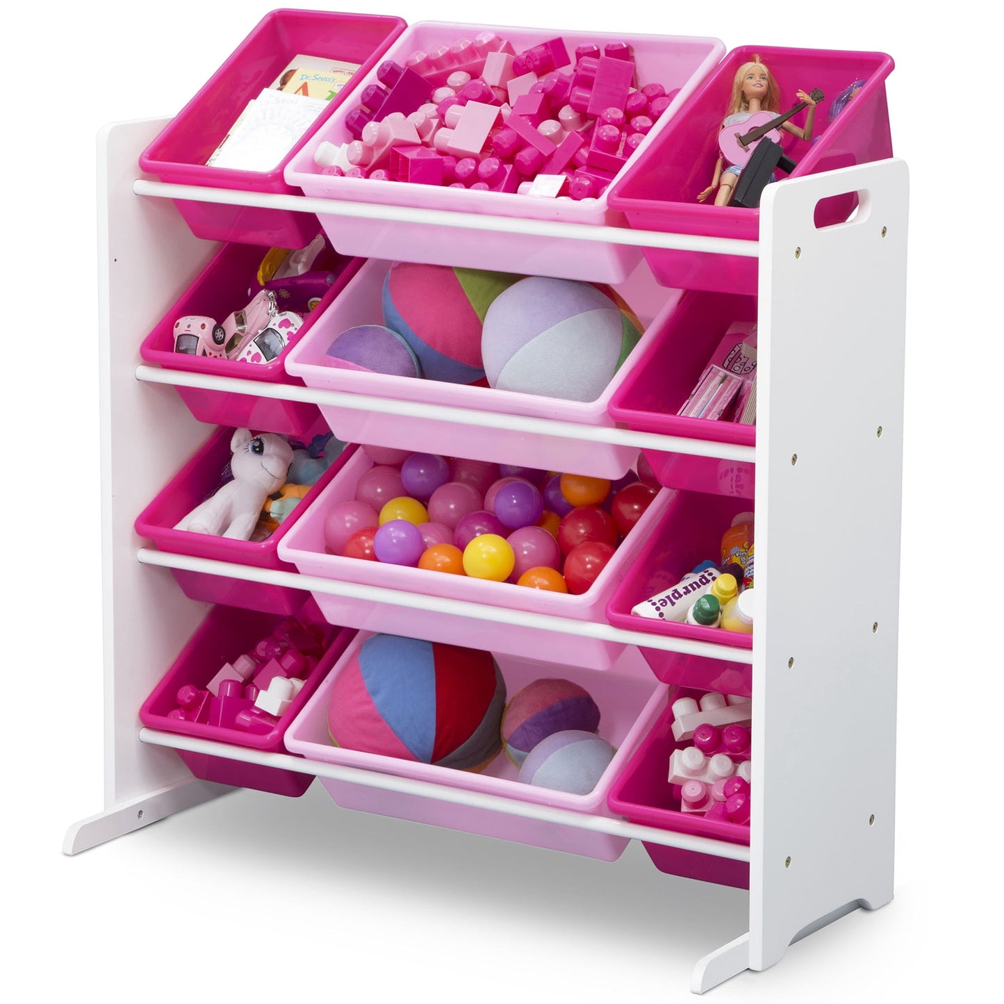 Kids Toy Storage Organizer with 12 Plastic Bins, Gold Certified, White/Pink