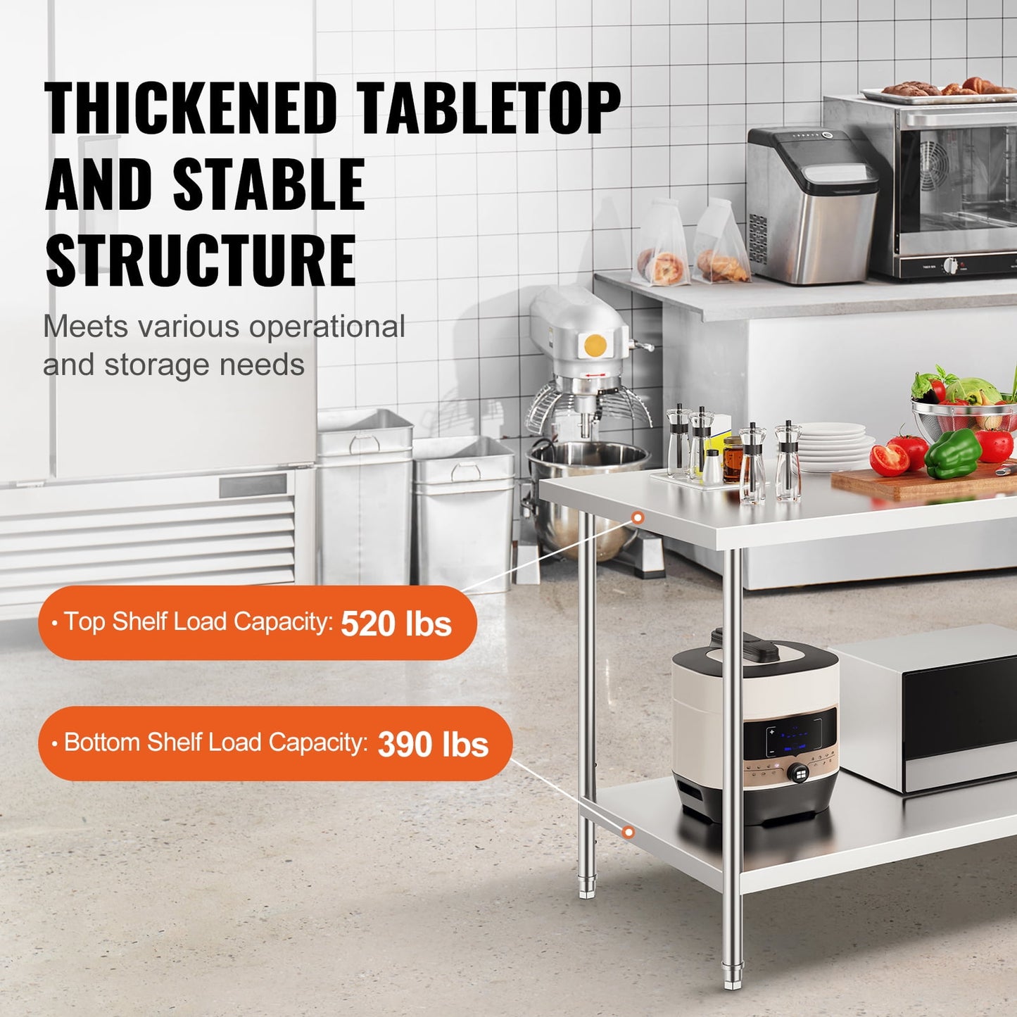 35 x 24 x 31 Inch Metal Prep Station, Heavy Duty Commercial Food Prep Work Table up to 700 lbs, Robust Stainless Steel Work Table with 3 Height Adjustment Options for Kitchen, Restaurant